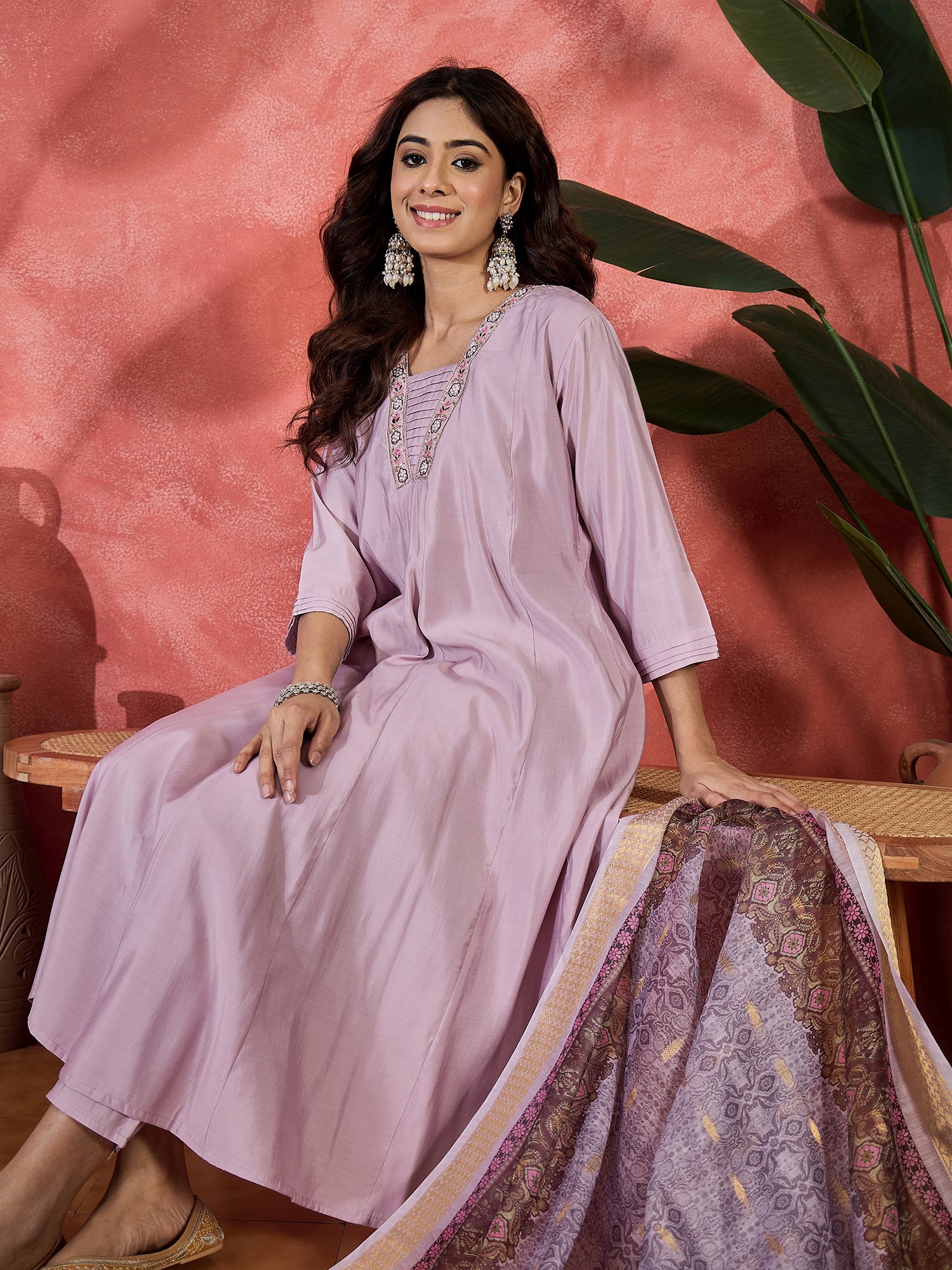 Women V-Neck Printed & Embroidered Anarkali Kurta & Trousers With Dupatta