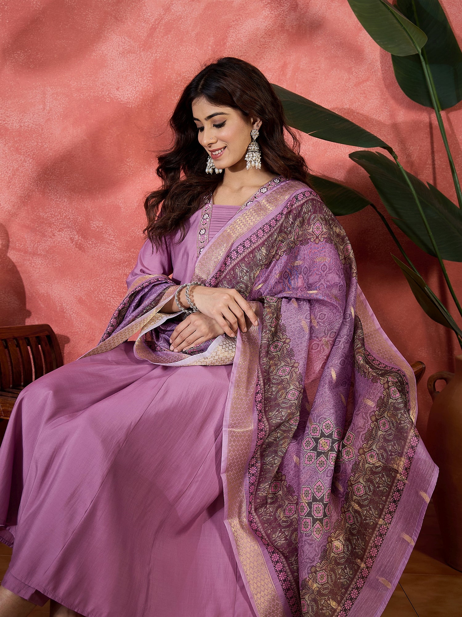 Women V-Neck Printed & Embroidered Anarkali Kurta & Trousers With Dupatta