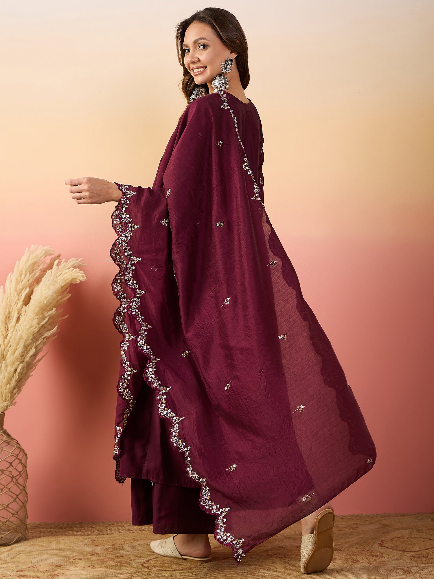 Embroidered Thread Work Pure Silk Kurti With Palazzos & Dupatta