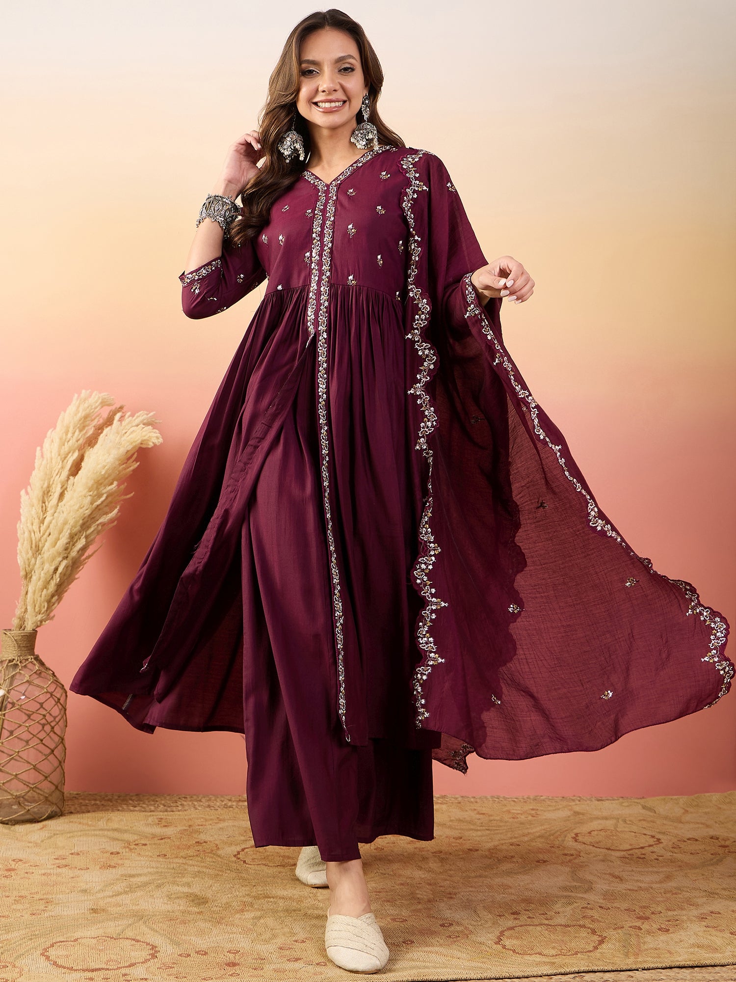 Embroidered Thread Work Pure Silk Kurti With Palazzos & Dupatta