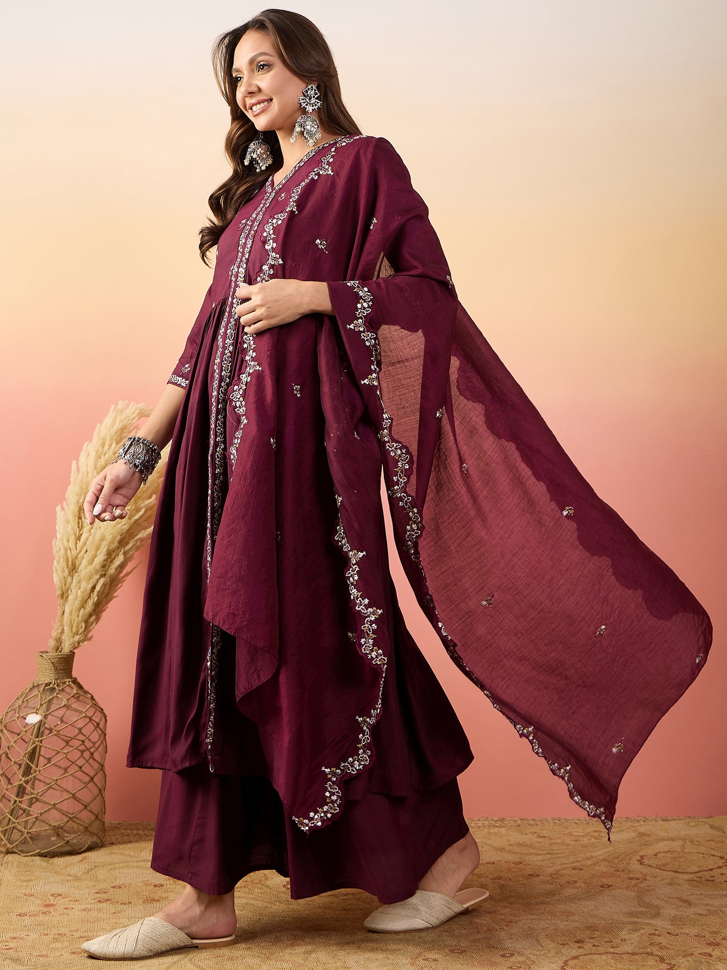 Embroidered Thread Work Pure Silk Kurti With Palazzos & Dupatta