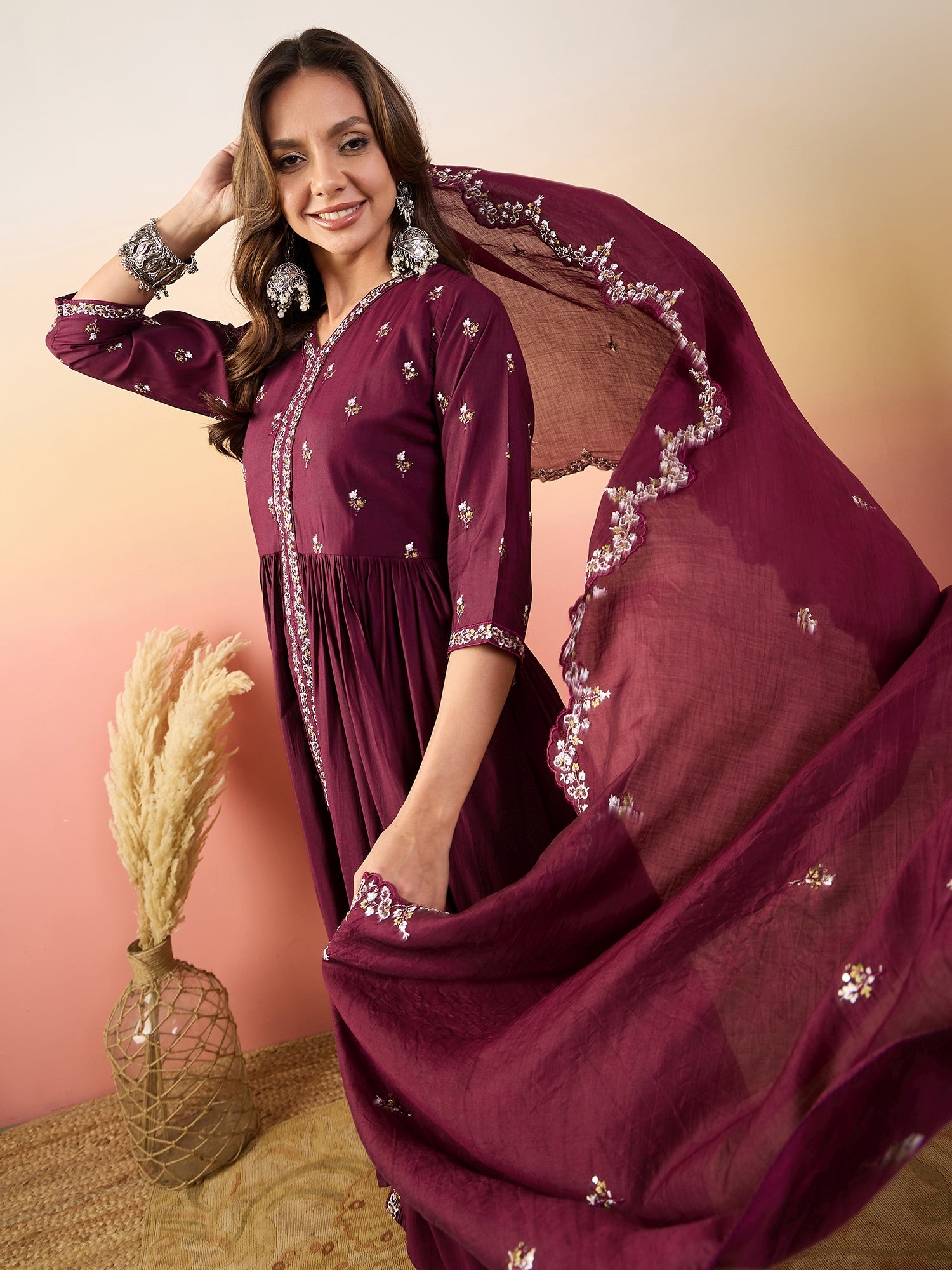 Embroidered Thread Work Pure Silk Kurti With Palazzos & Dupatta