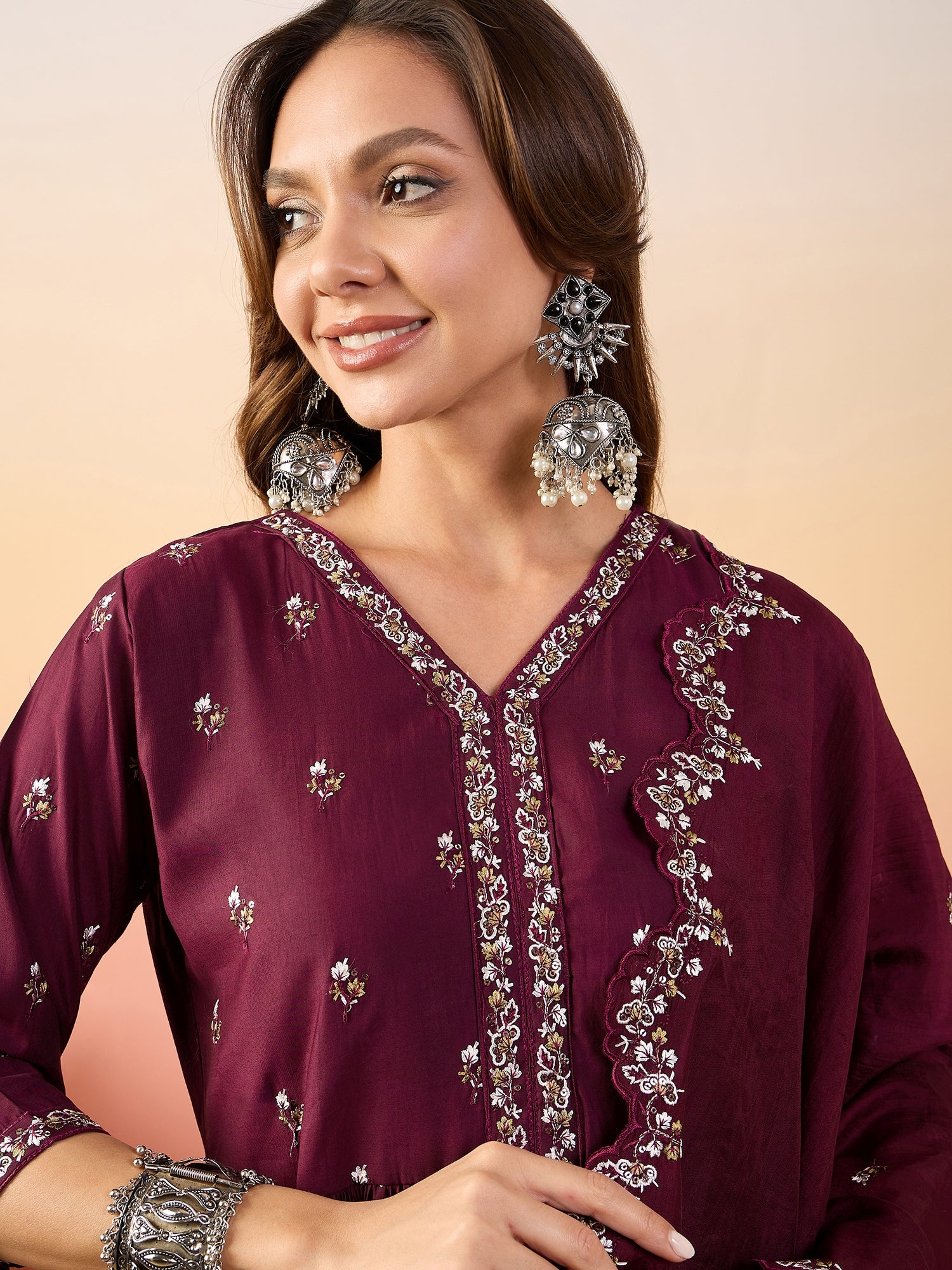 Embroidered Thread Work Pure Silk Kurti With Palazzos & Dupatta