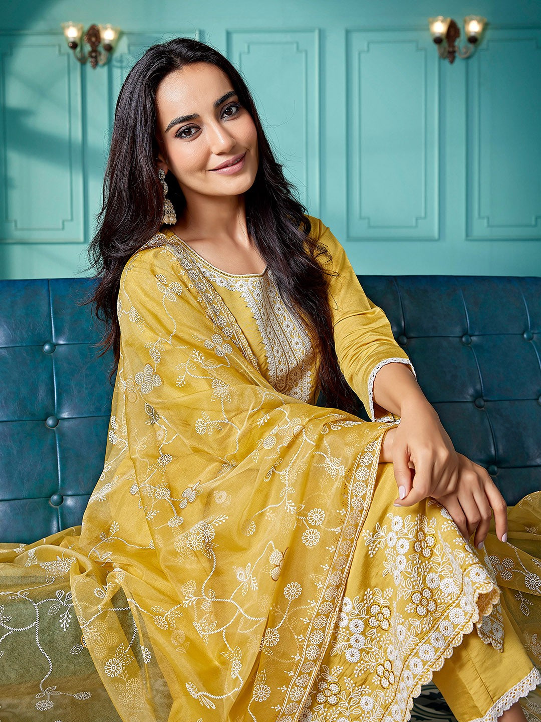 Embroidered A-Line Kuta With Pyjamas & Dupatta