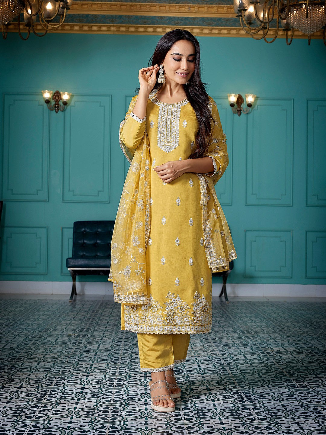 Embroidered A-Line Kuta With Pyjamas & Dupatta