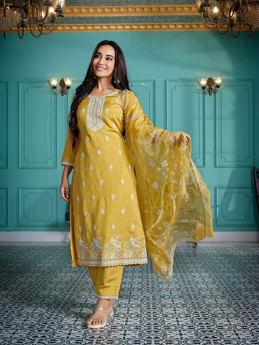 Embroidered A-Line Kuta With Pyjamas & Dupatta