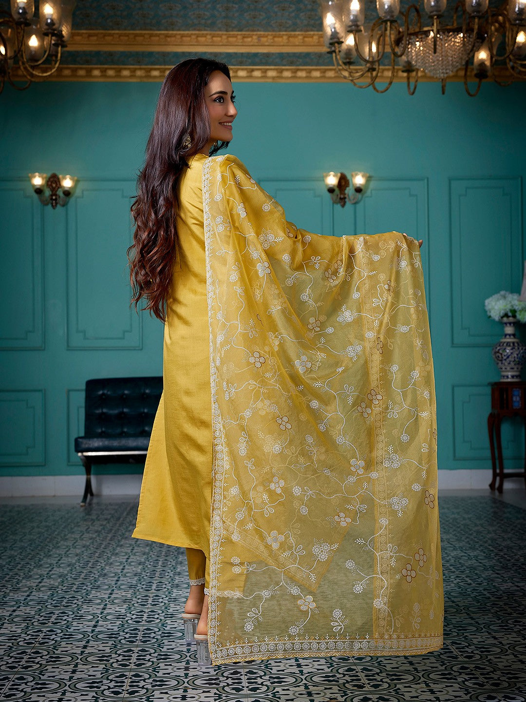 Embroidered A-Line Kuta With Pyjamas & Dupatta