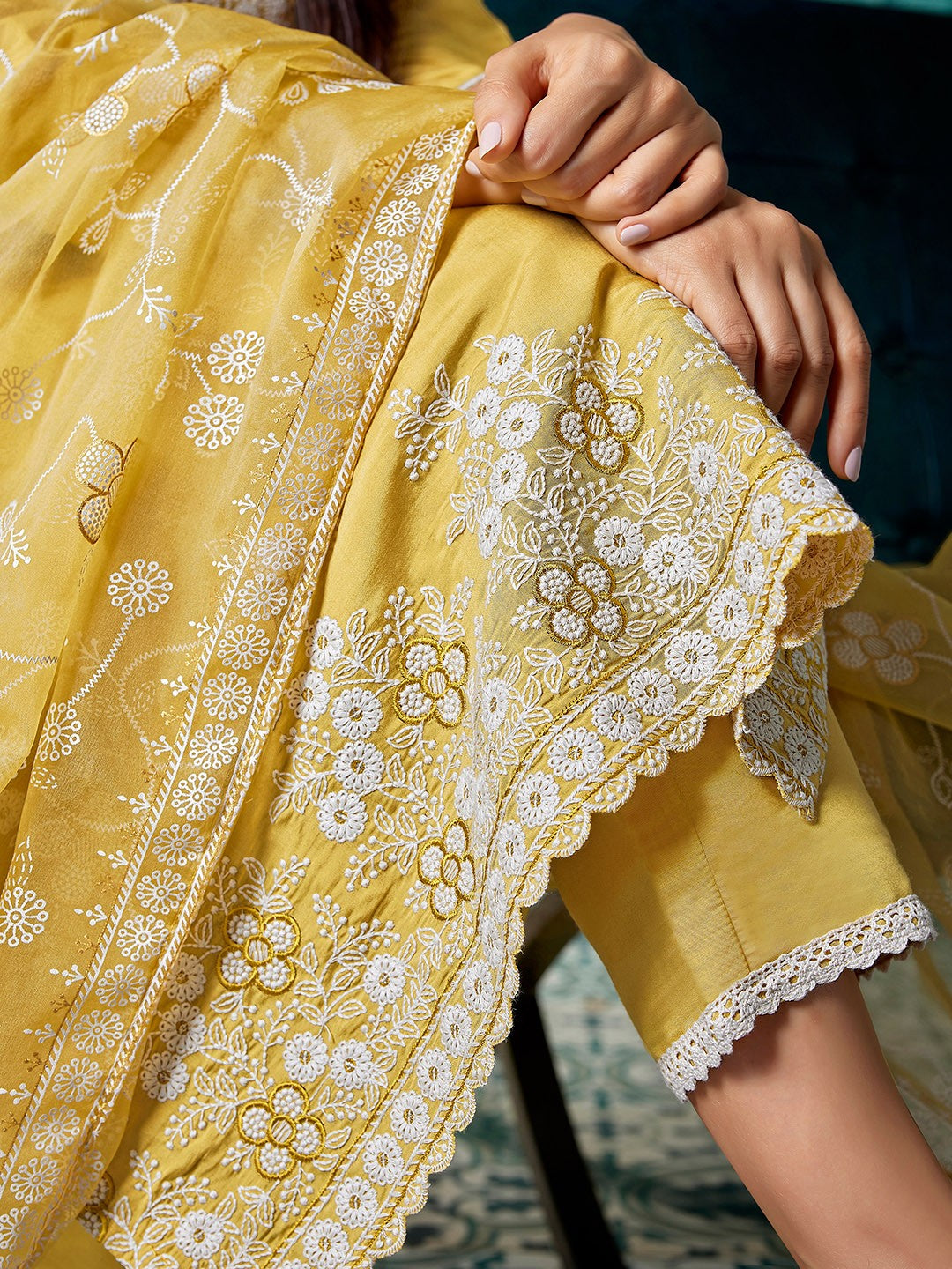Embroidered A-Line Kuta With Pyjamas & Dupatta