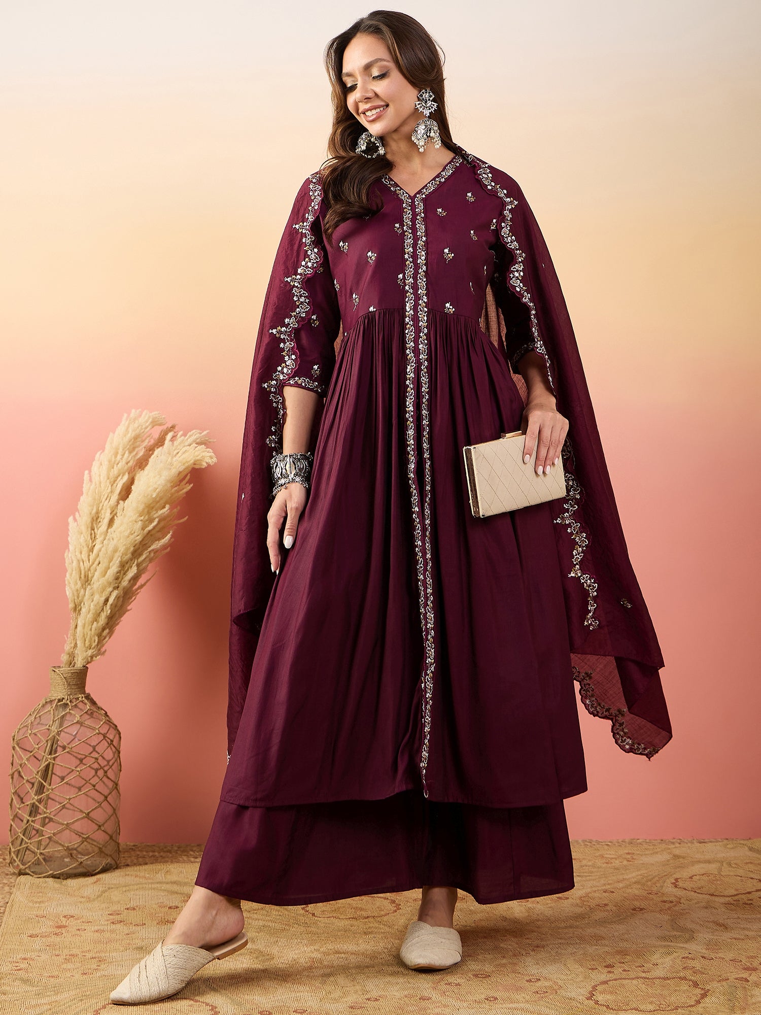 Embroidered Thread Work Pure Silk Kurti With Palazzos & Dupatta