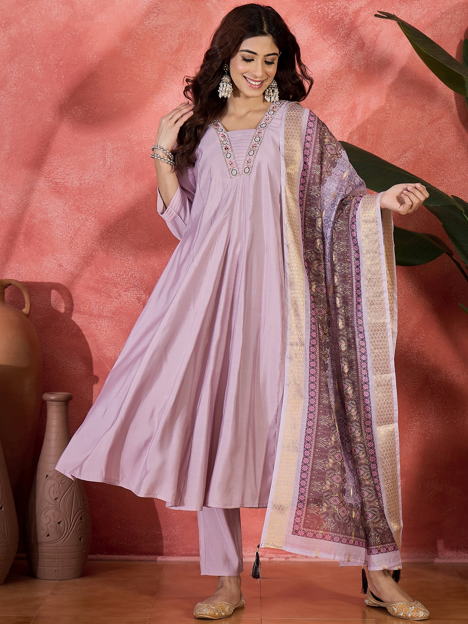 Women V-Neck Printed & Embroidered Anarkali Kurta & Trousers With Dupatta