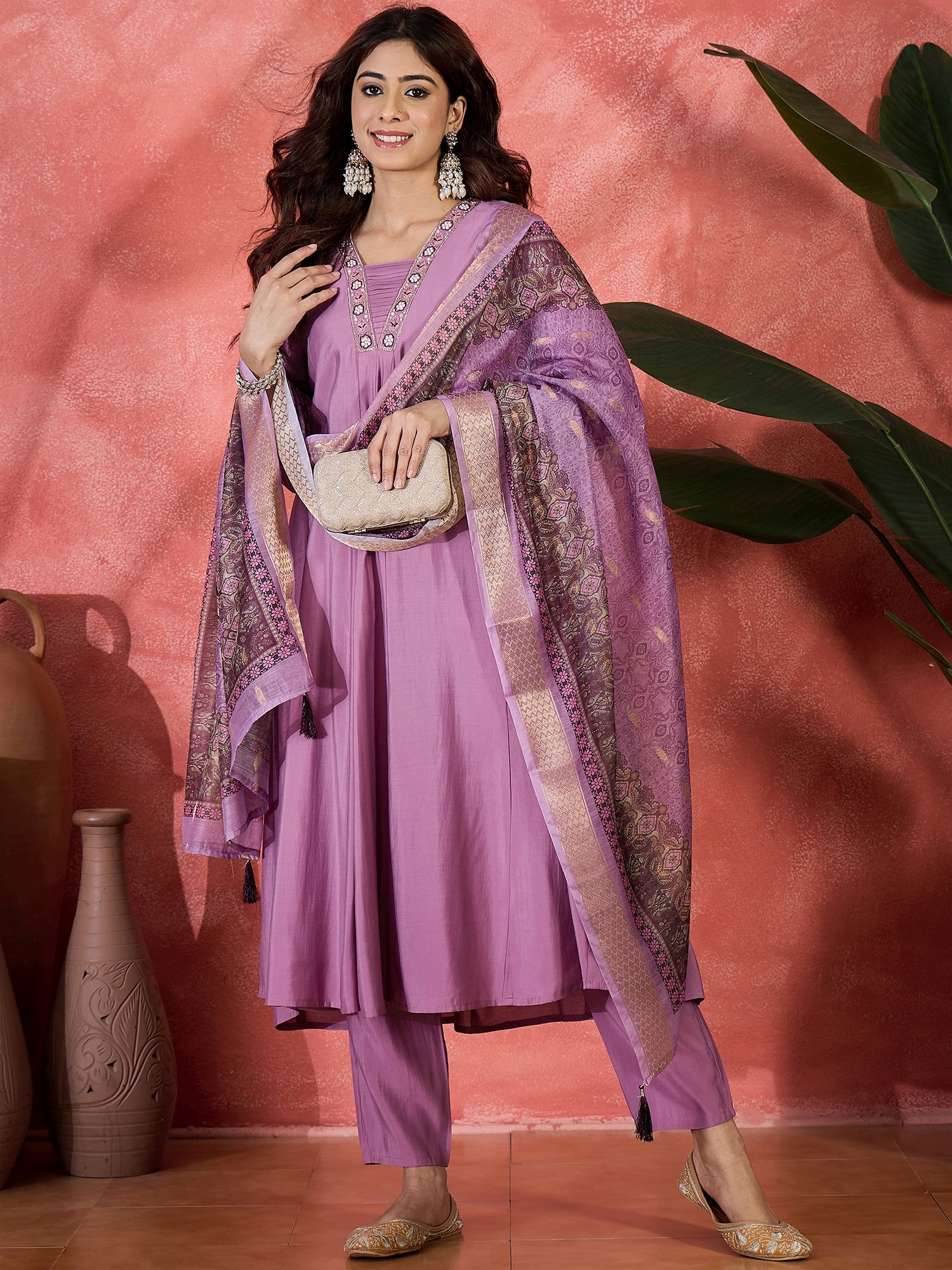 Women V-Neck Printed & Embroidered Anarkali Kurta & Trousers With Dupatta