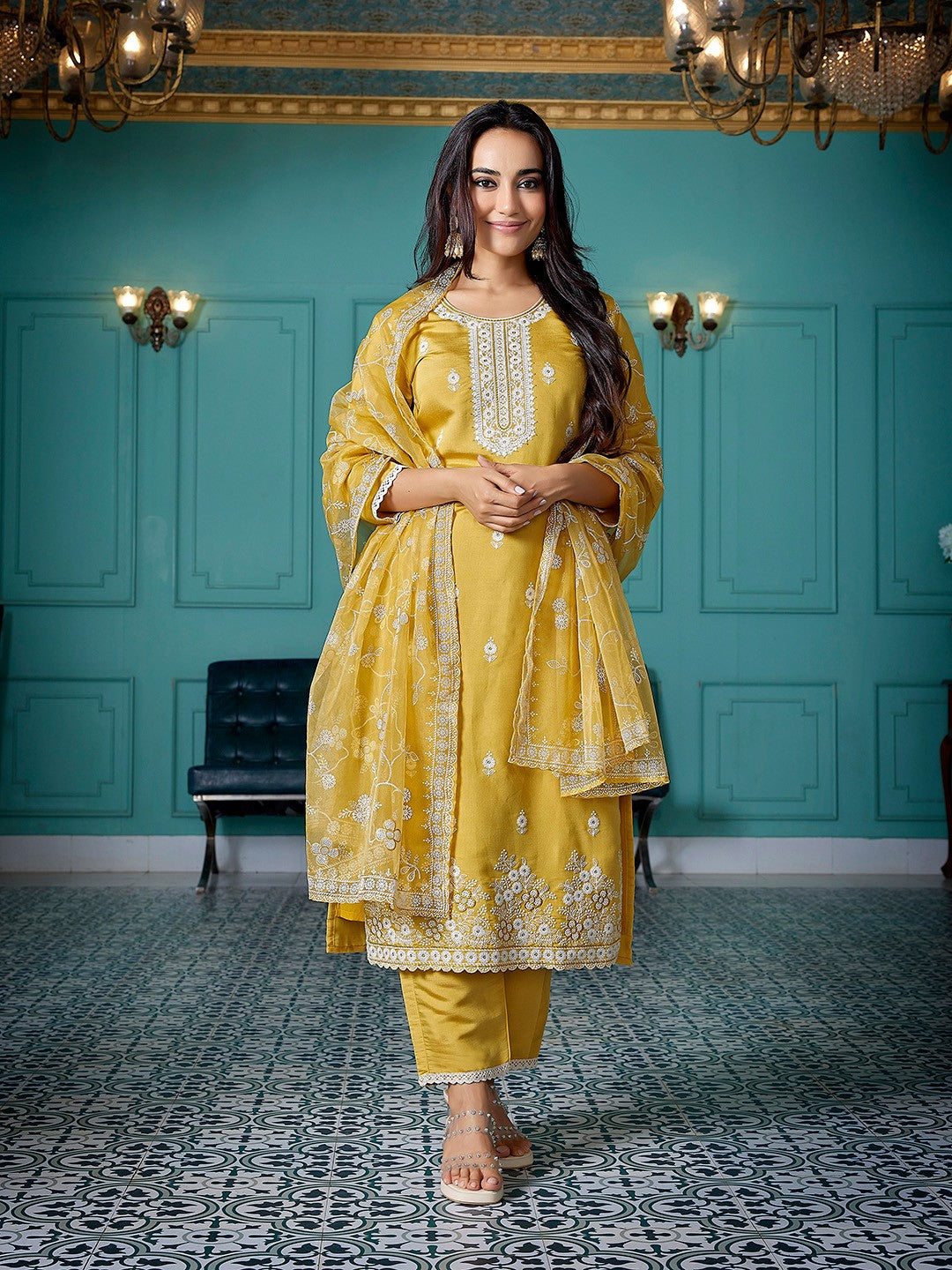 Embroidered A-Line Kuta With Pyjamas & Dupatta