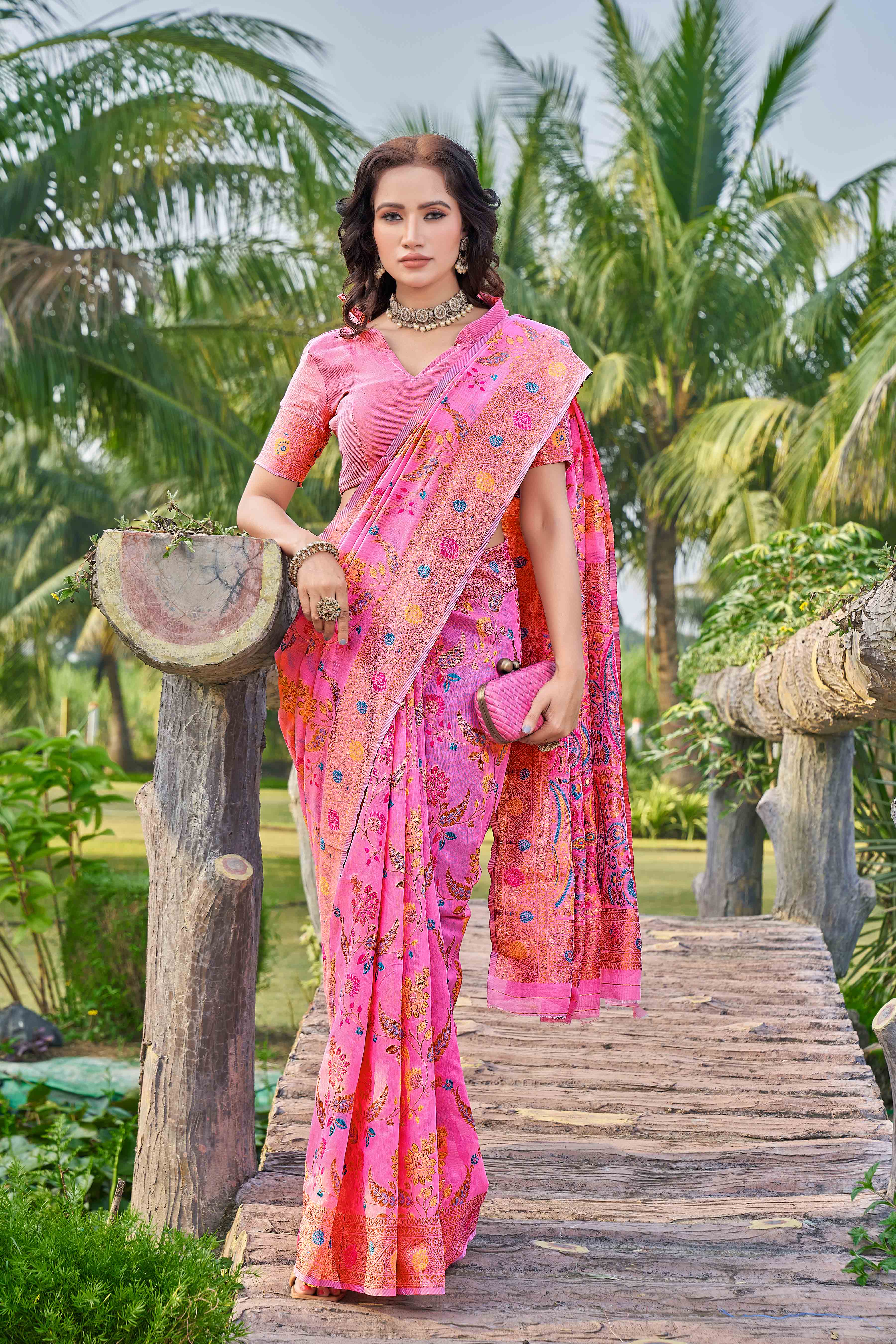 Floral Woven Design Zari Pashmina Saree