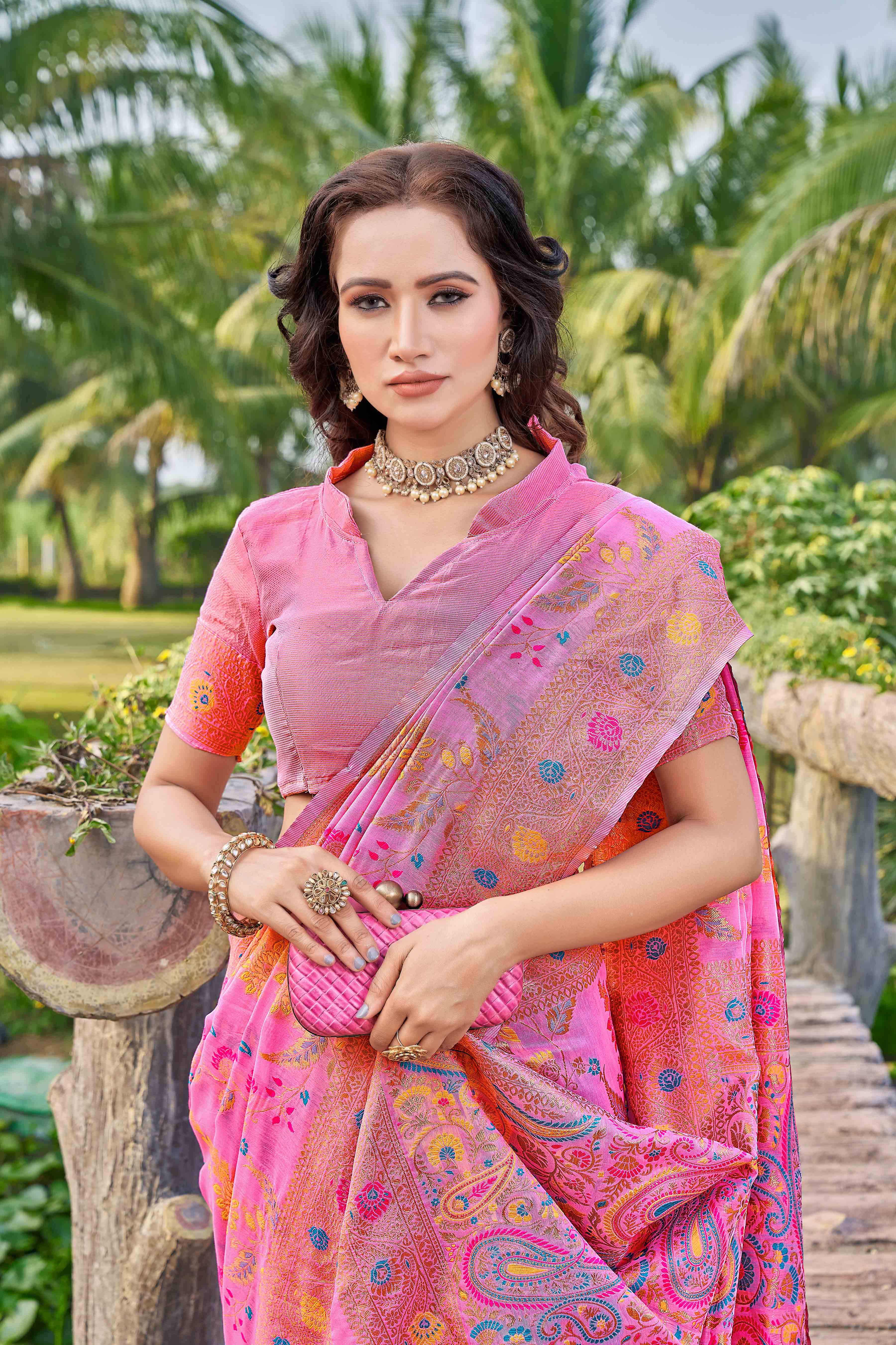 Floral Woven Design Zari Pashmina Saree