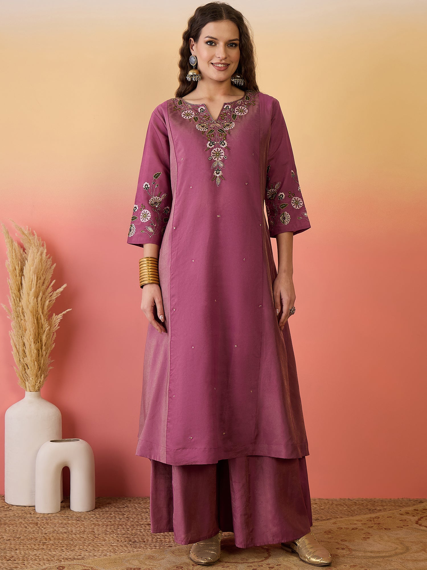 Women Embroidered Anarkali Kurta With Palazzo & Dupatta