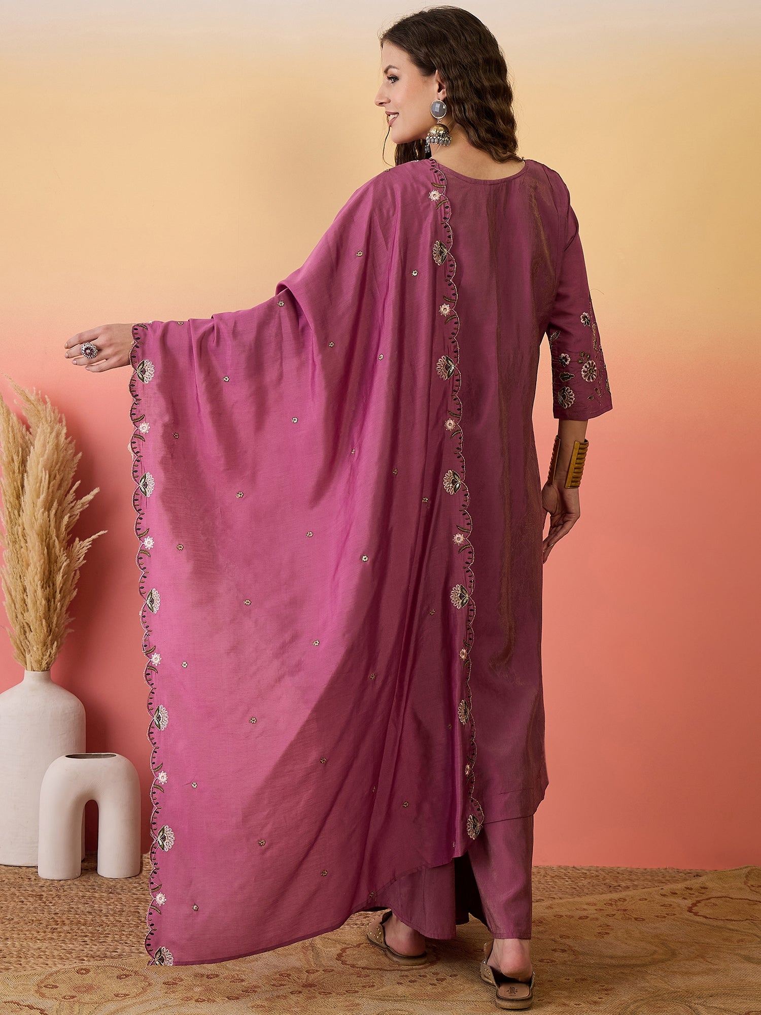 Women Embroidered Anarkali Kurta With Palazzo & Dupatta