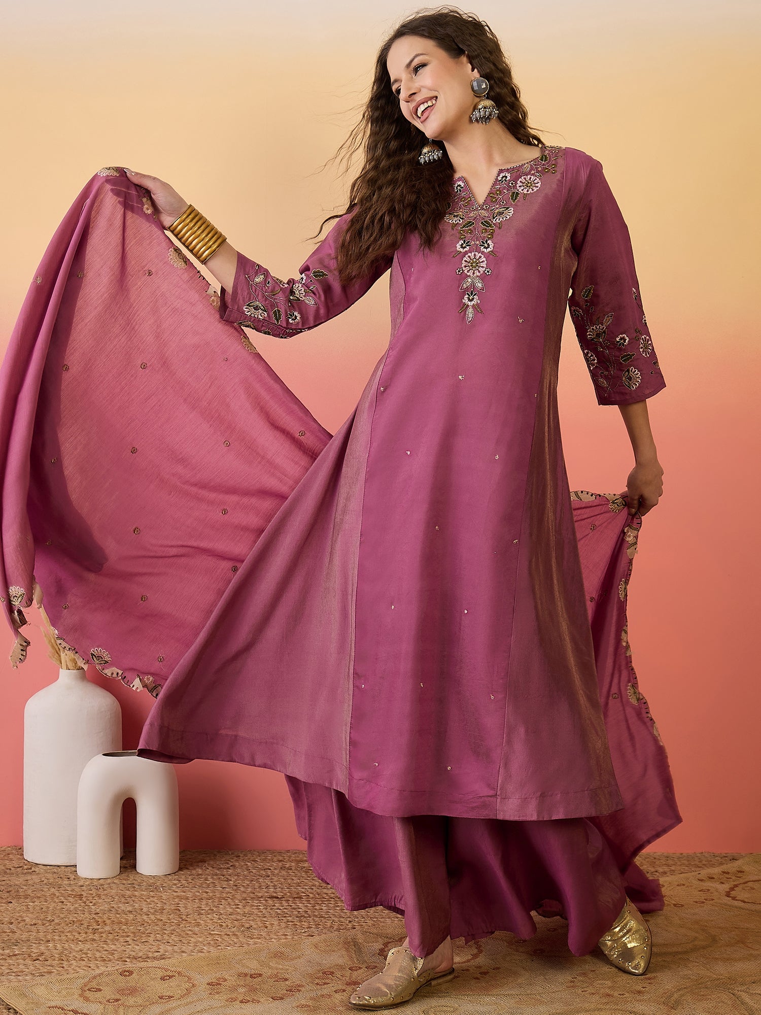 Women Embroidered Anarkali Kurta With Palazzo & Dupatta