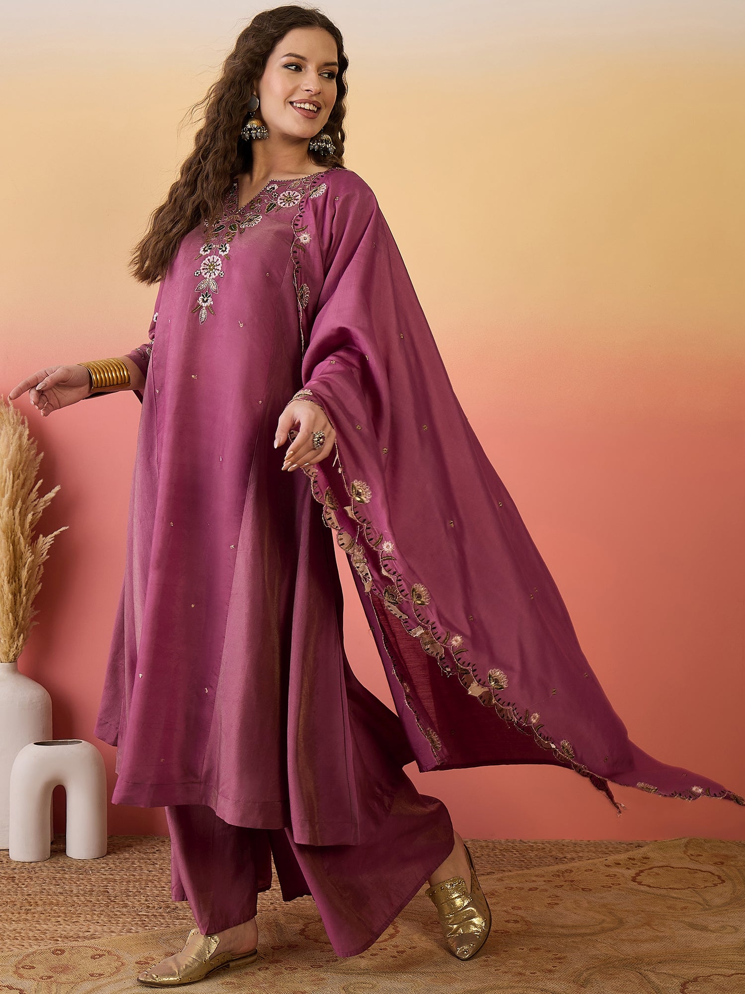 Women Embroidered Anarkali Kurta With Palazzo & Dupatta
