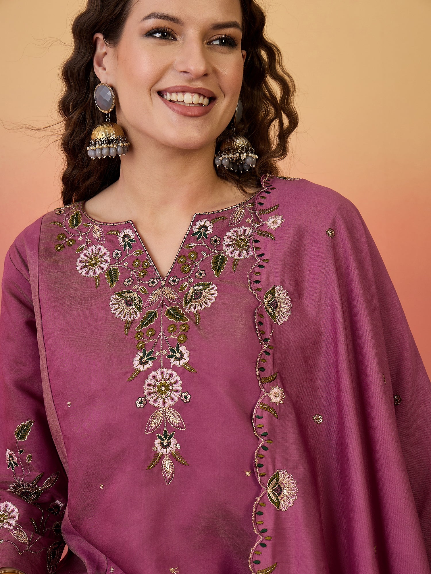 Women Embroidered Anarkali Kurta With Palazzo & Dupatta