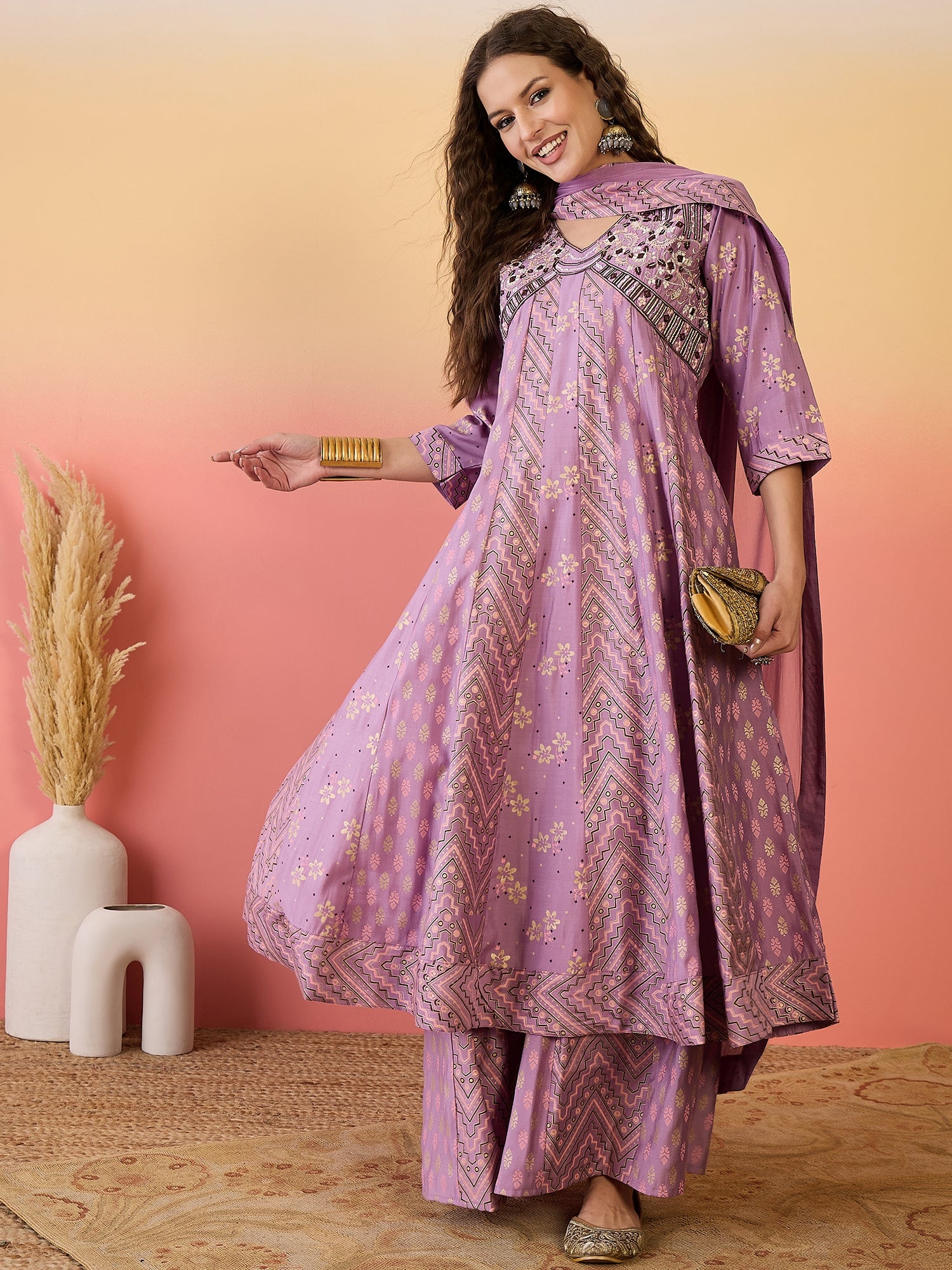 Embroidered Kurta & Palazzo With Dupatta
