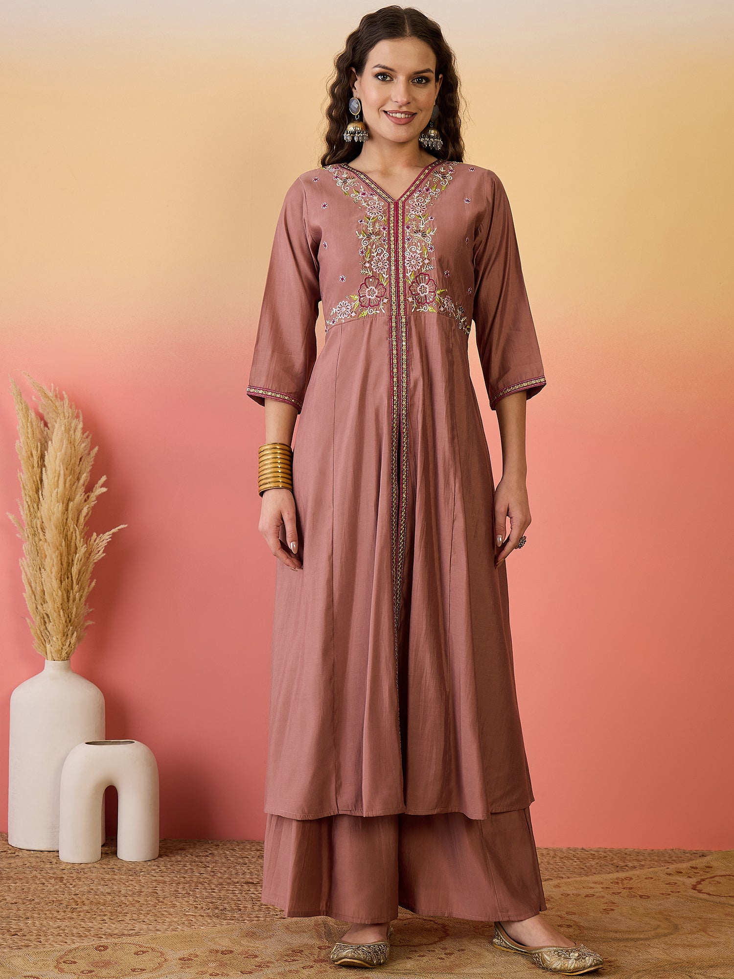 Floral Embroidered Silk Anarkali Kurta & Palazzo With Dupatta