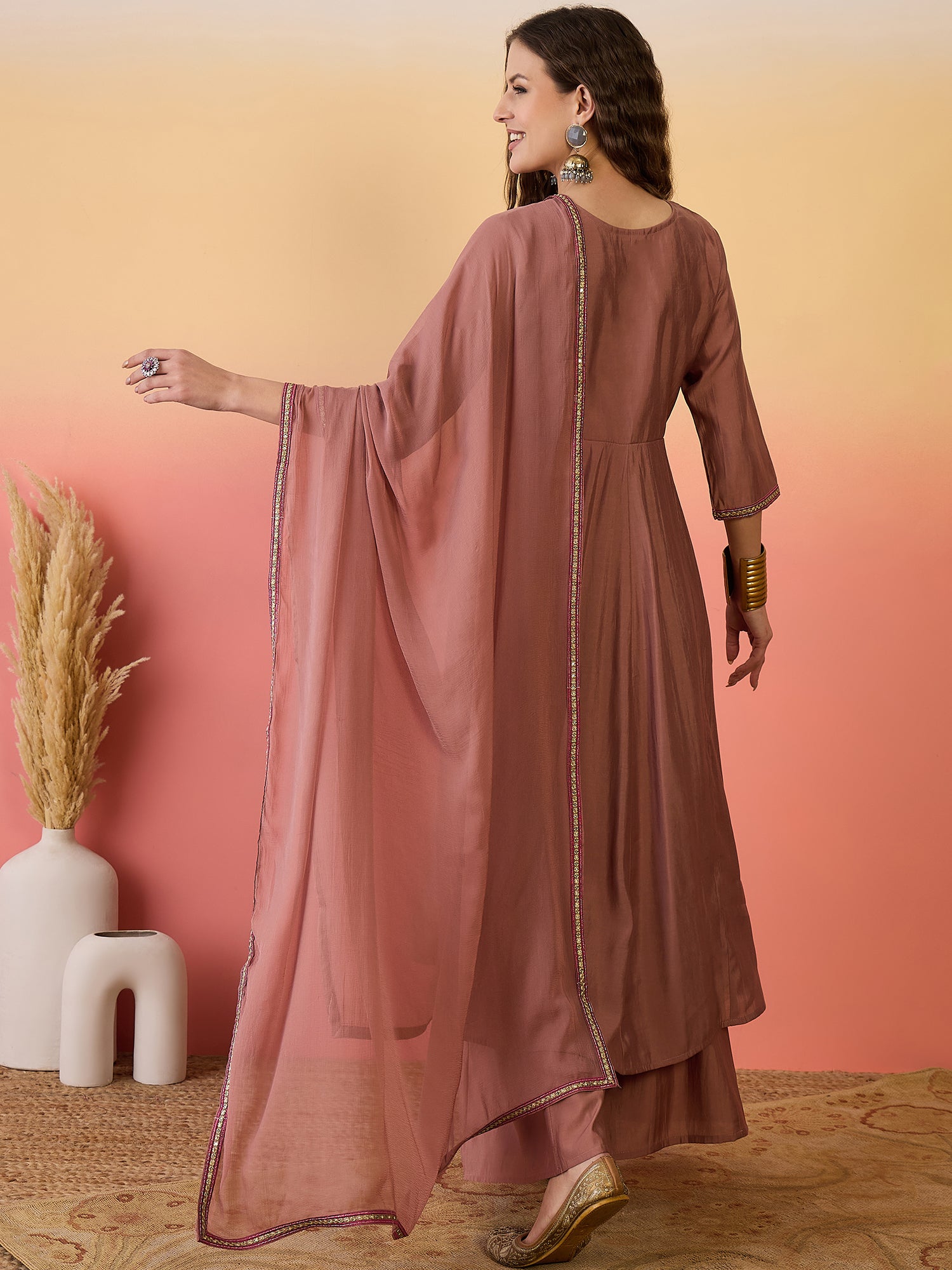 Floral Embroidered Silk Anarkali Kurta & Palazzo With Dupatta