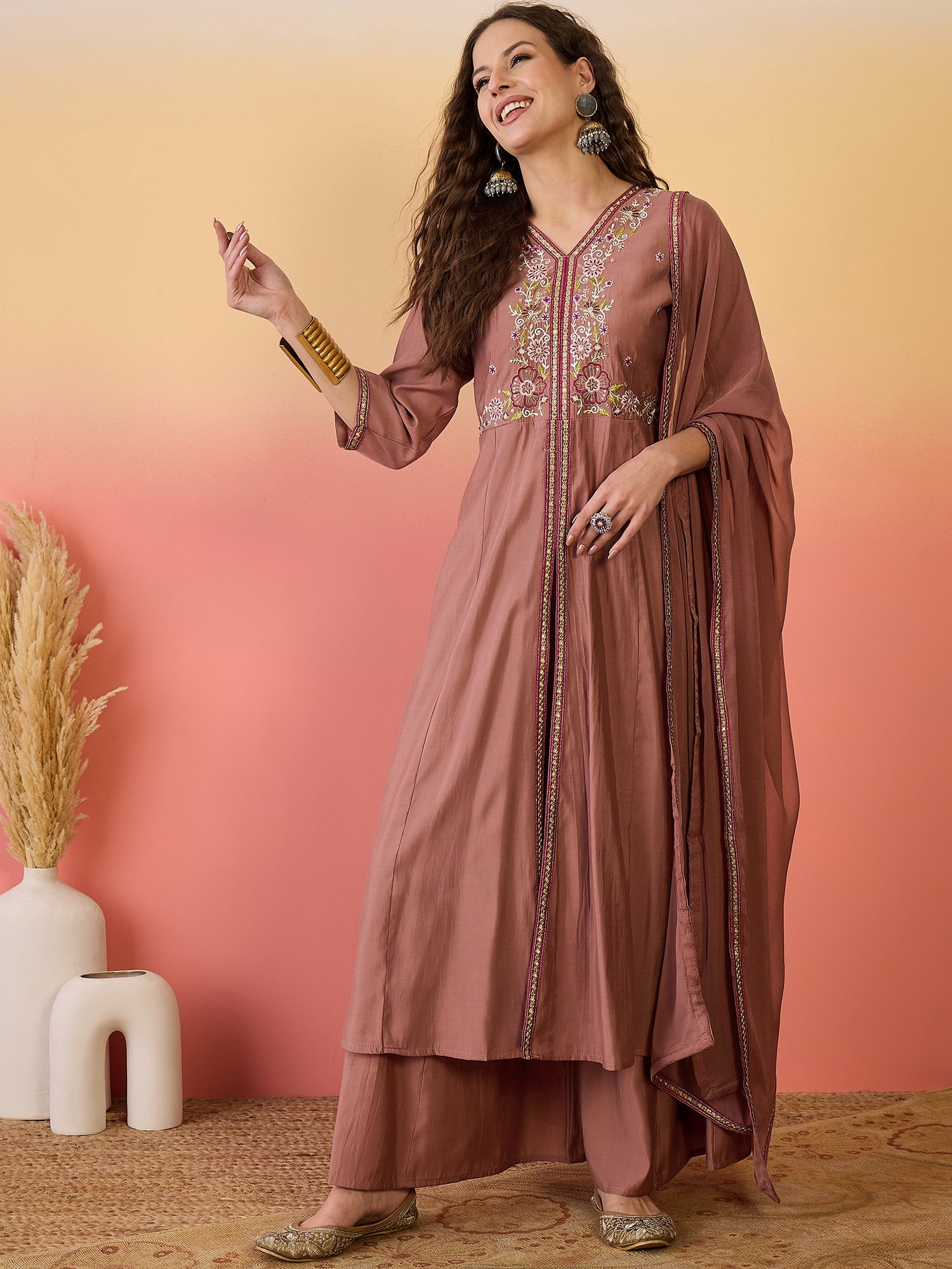 Floral Embroidered Silk Anarkali Kurta & Palazzo With Dupatta