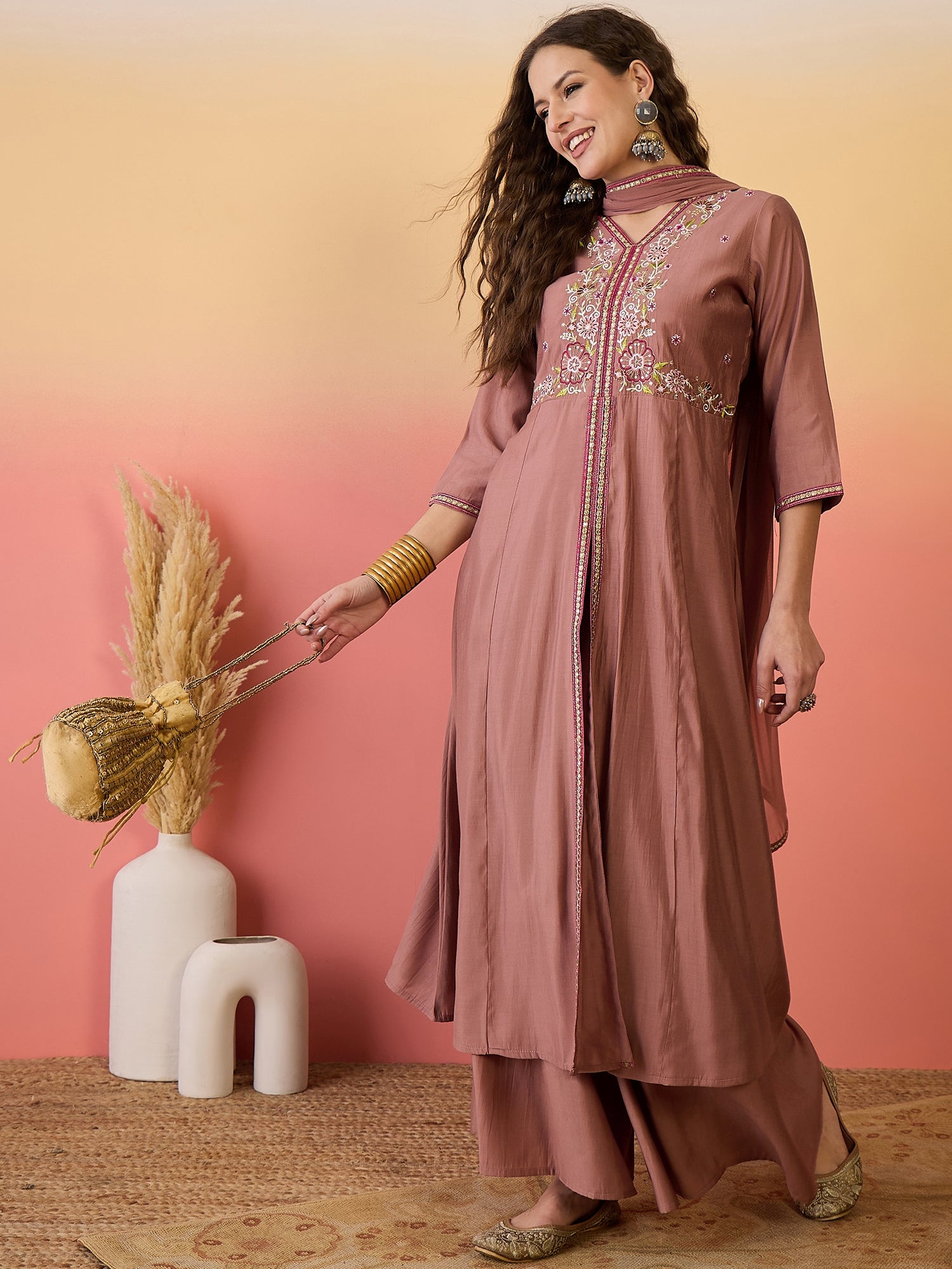 Floral Embroidered Silk Anarkali Kurta & Palazzo With Dupatta