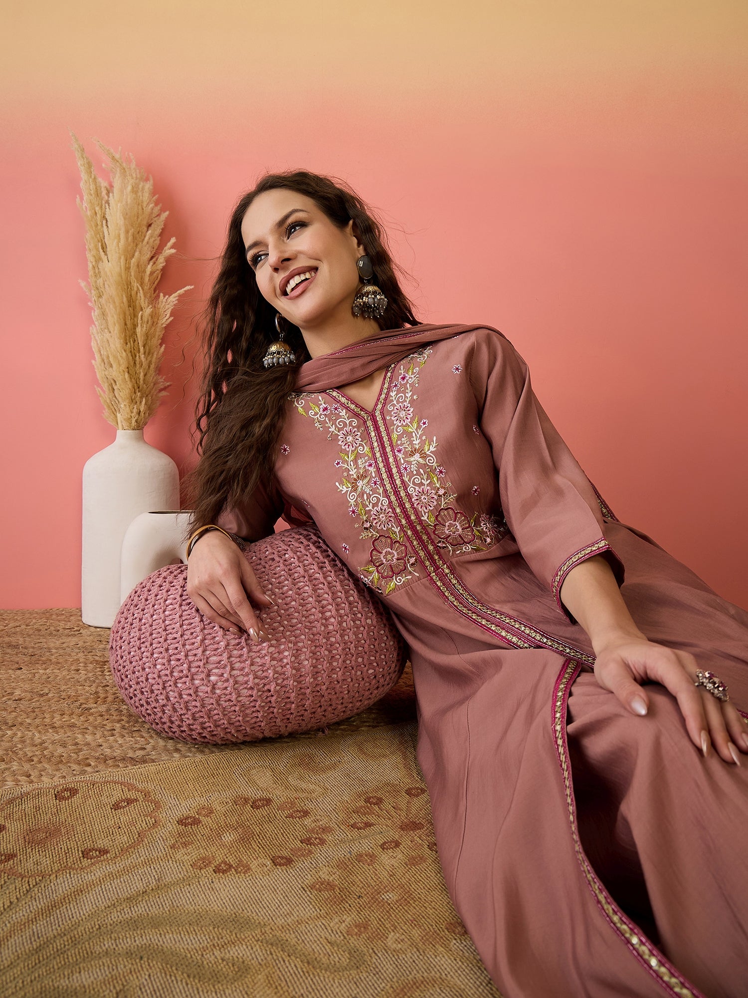 Floral Embroidered Silk Anarkali Kurta & Palazzo With Dupatta