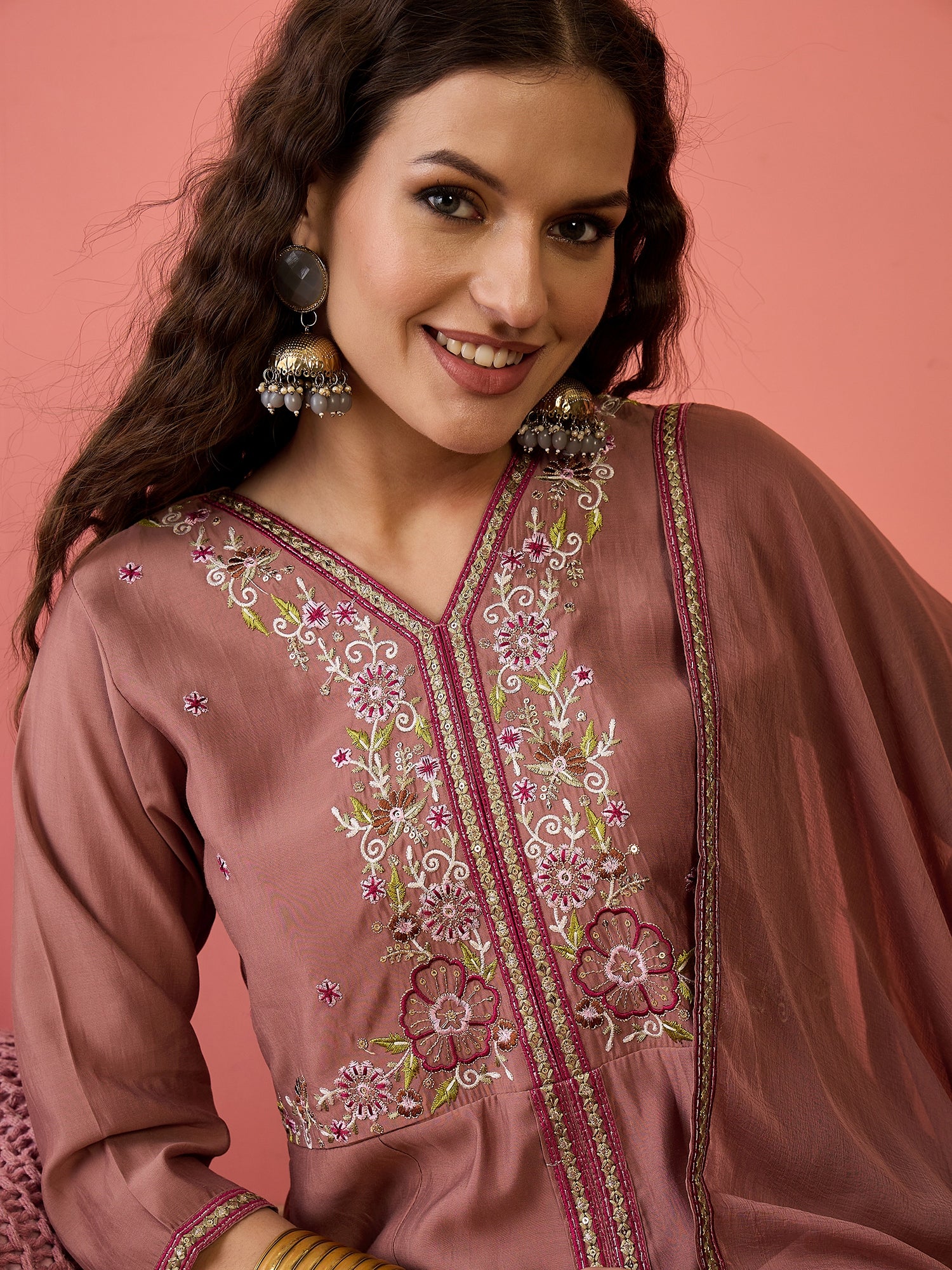 Floral Embroidered Silk Anarkali Kurta & Palazzo With Dupatta