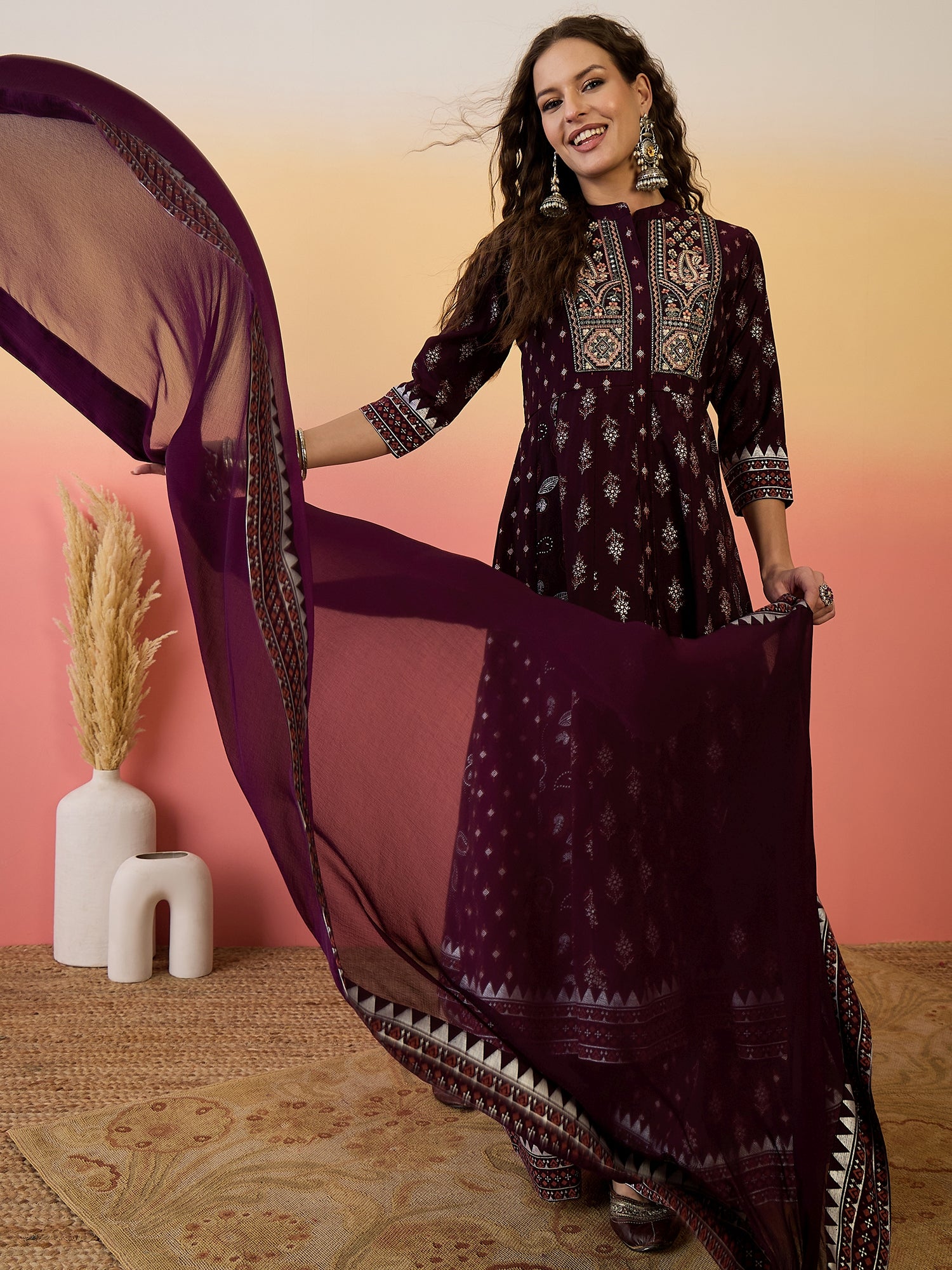 Women Embroidered Anarkali Kurta Set With Dupatta
