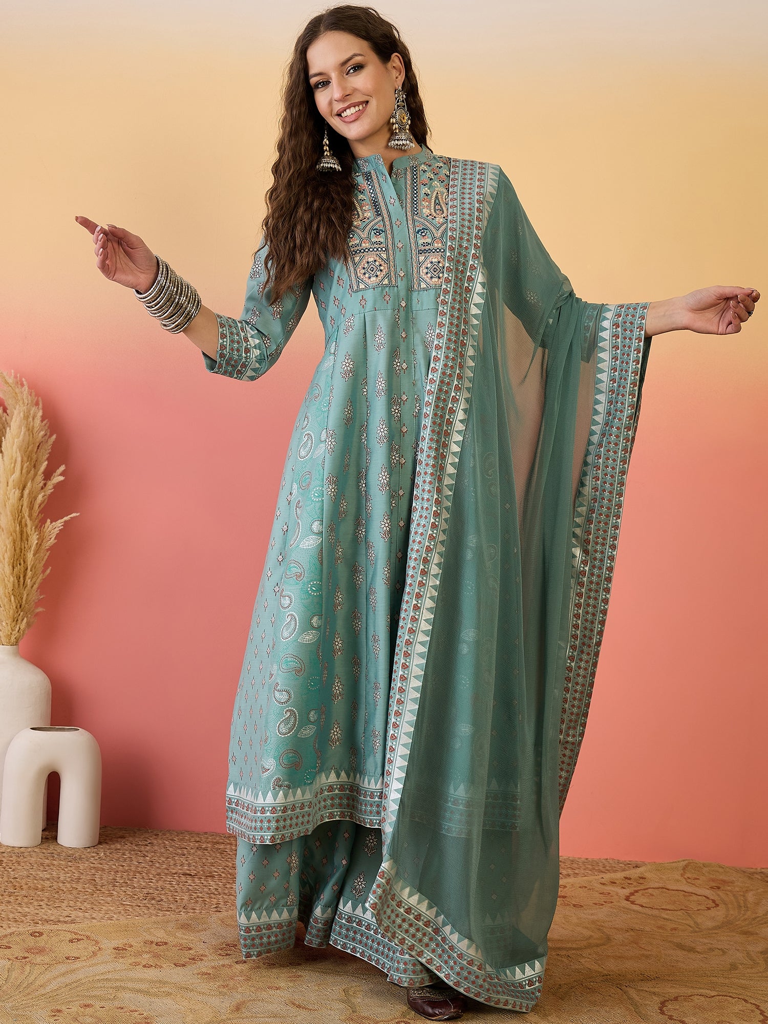 Women Embroidered Anarkali Kurta Set With Dupatta