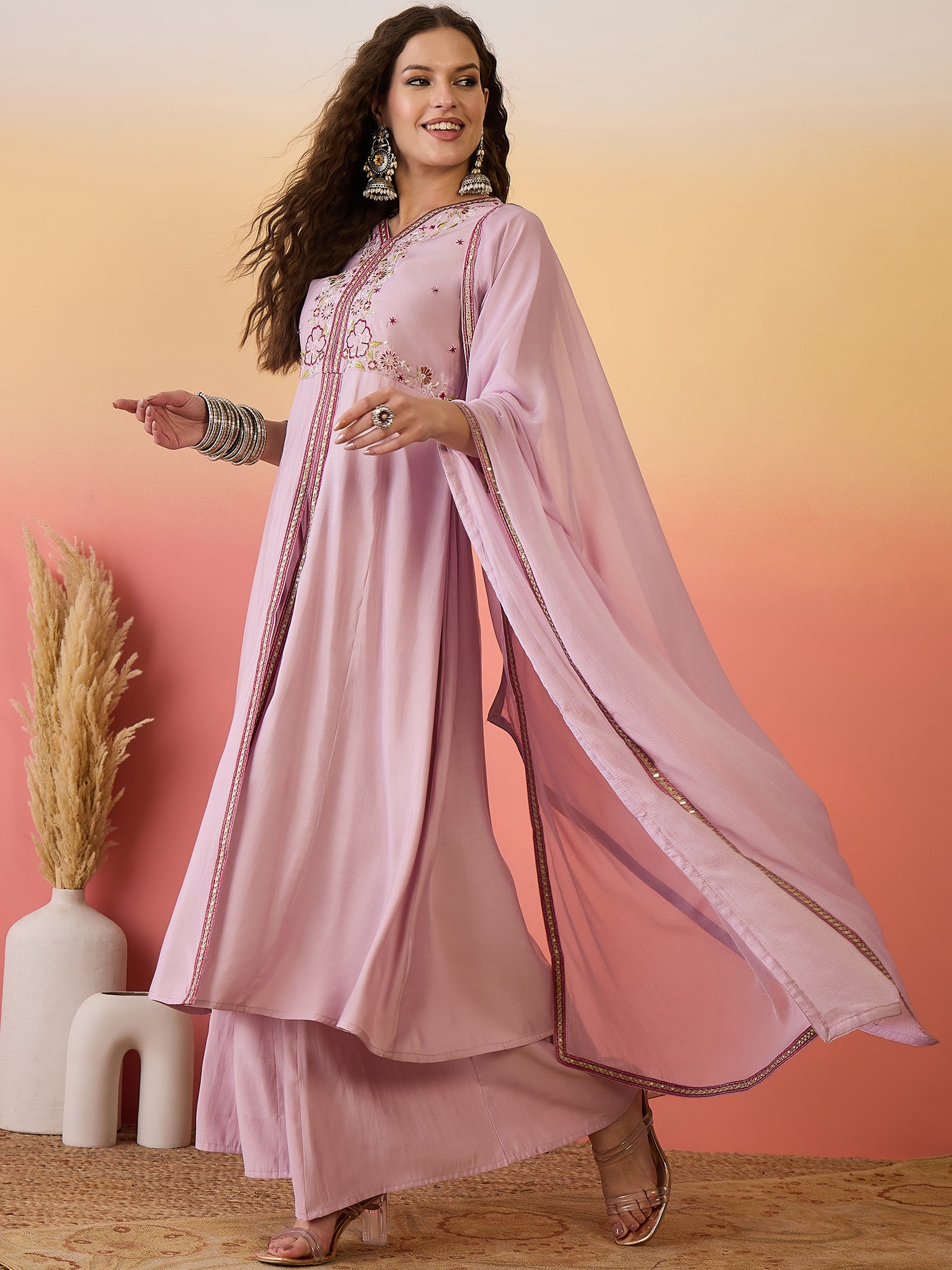 Embroidered Kurta Palazzo With Dupatta