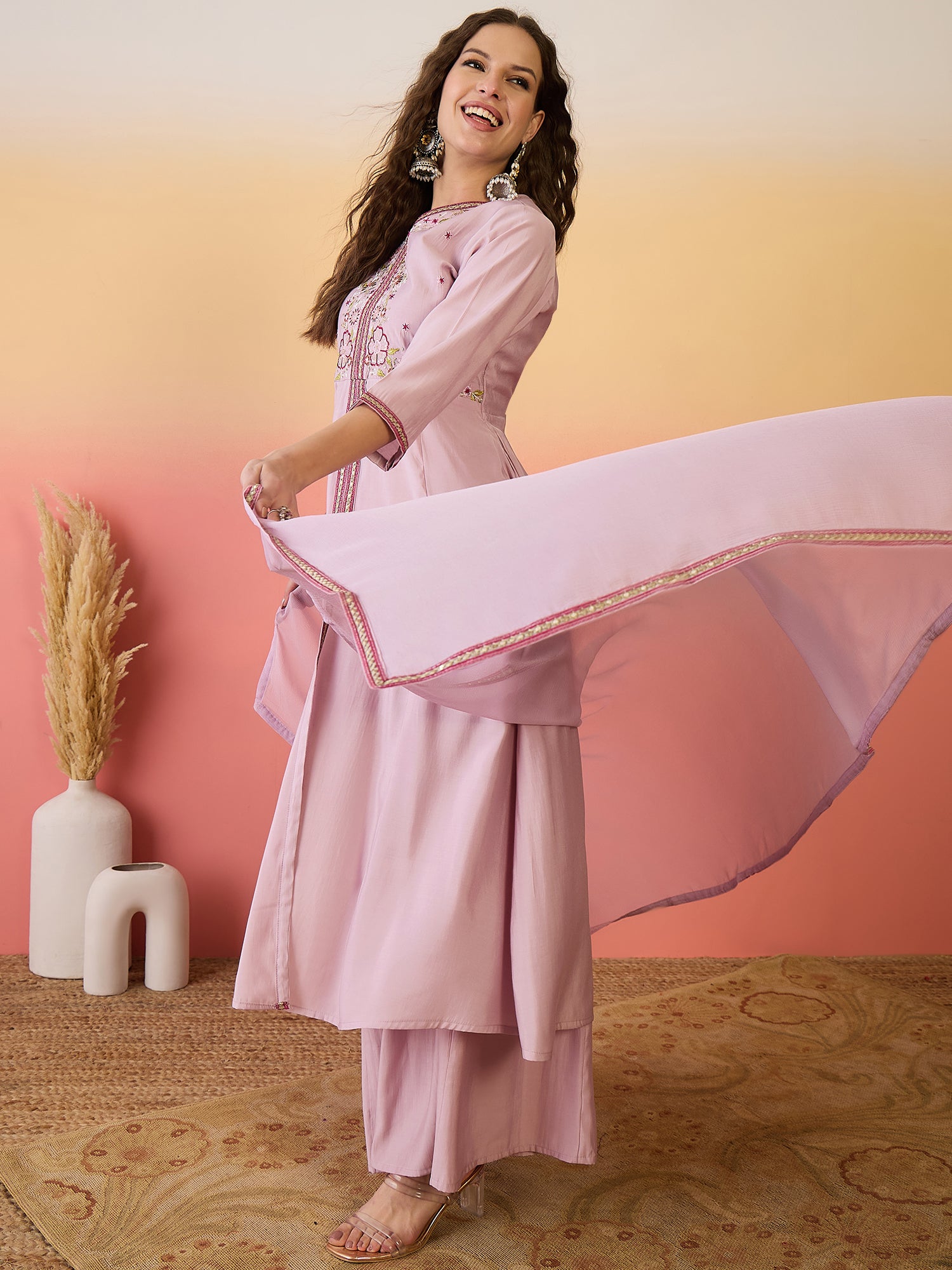 Embroidered Kurta Palazzo With Dupatta