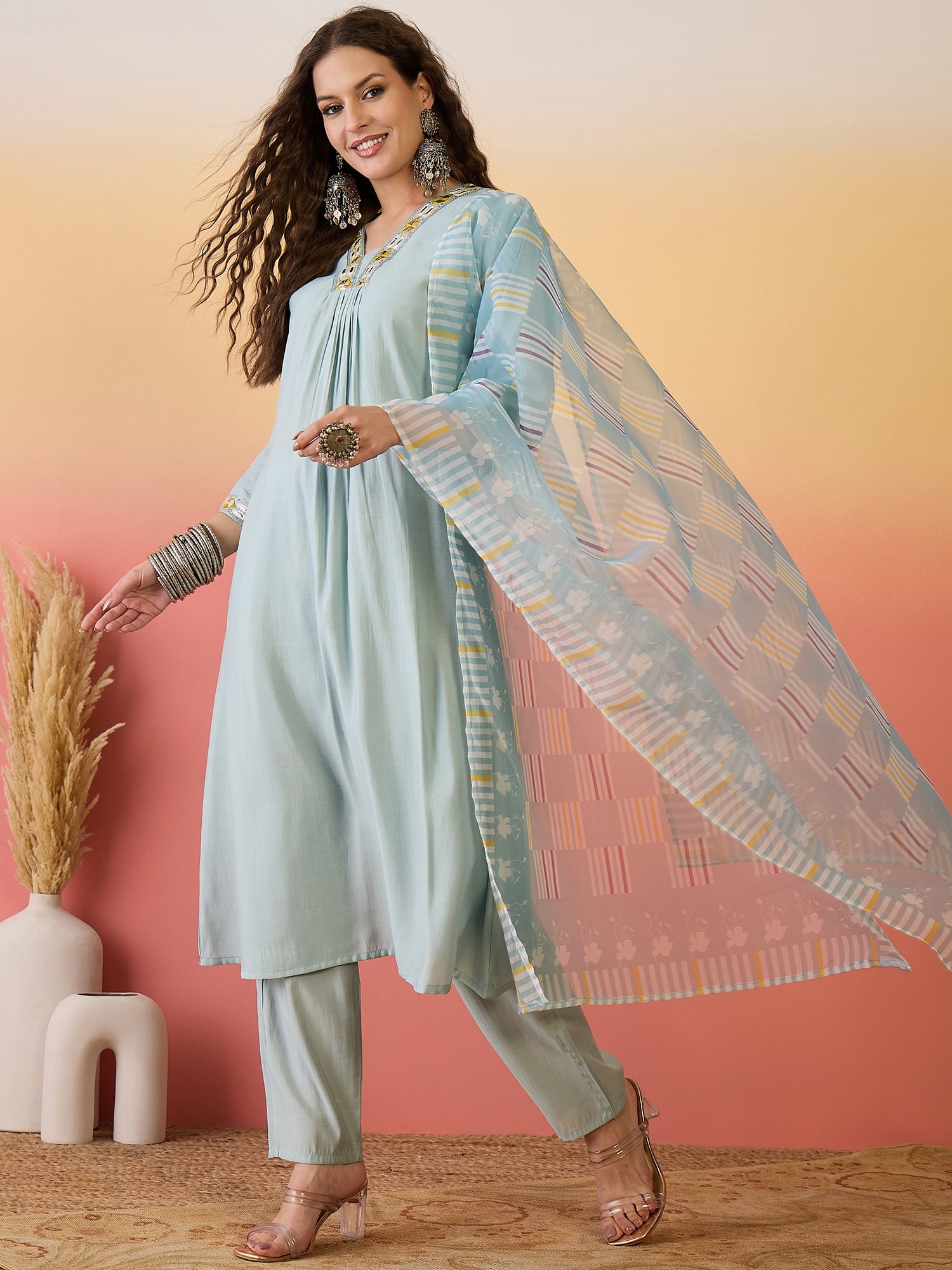 Self Design A-Line Kurta Set With Dupatta