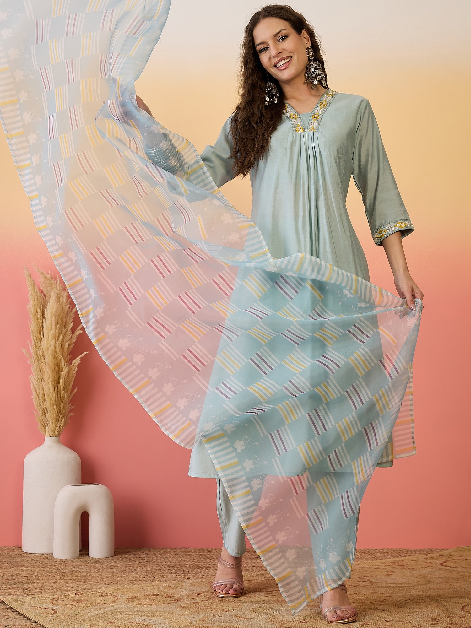 Self Design A-Line Kurta Set With Dupatta