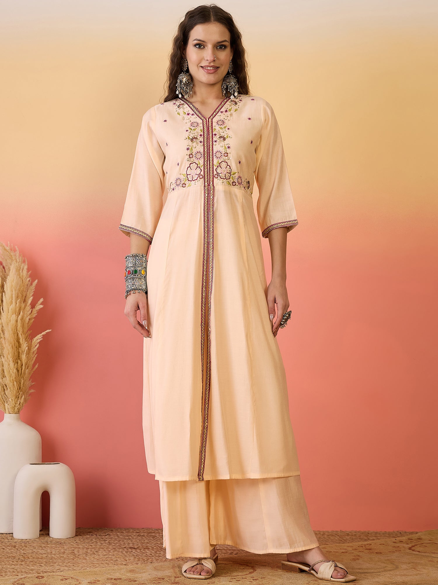 Embroidered Detailed V- Neck Kurta, Palazzo & Dupatta Set