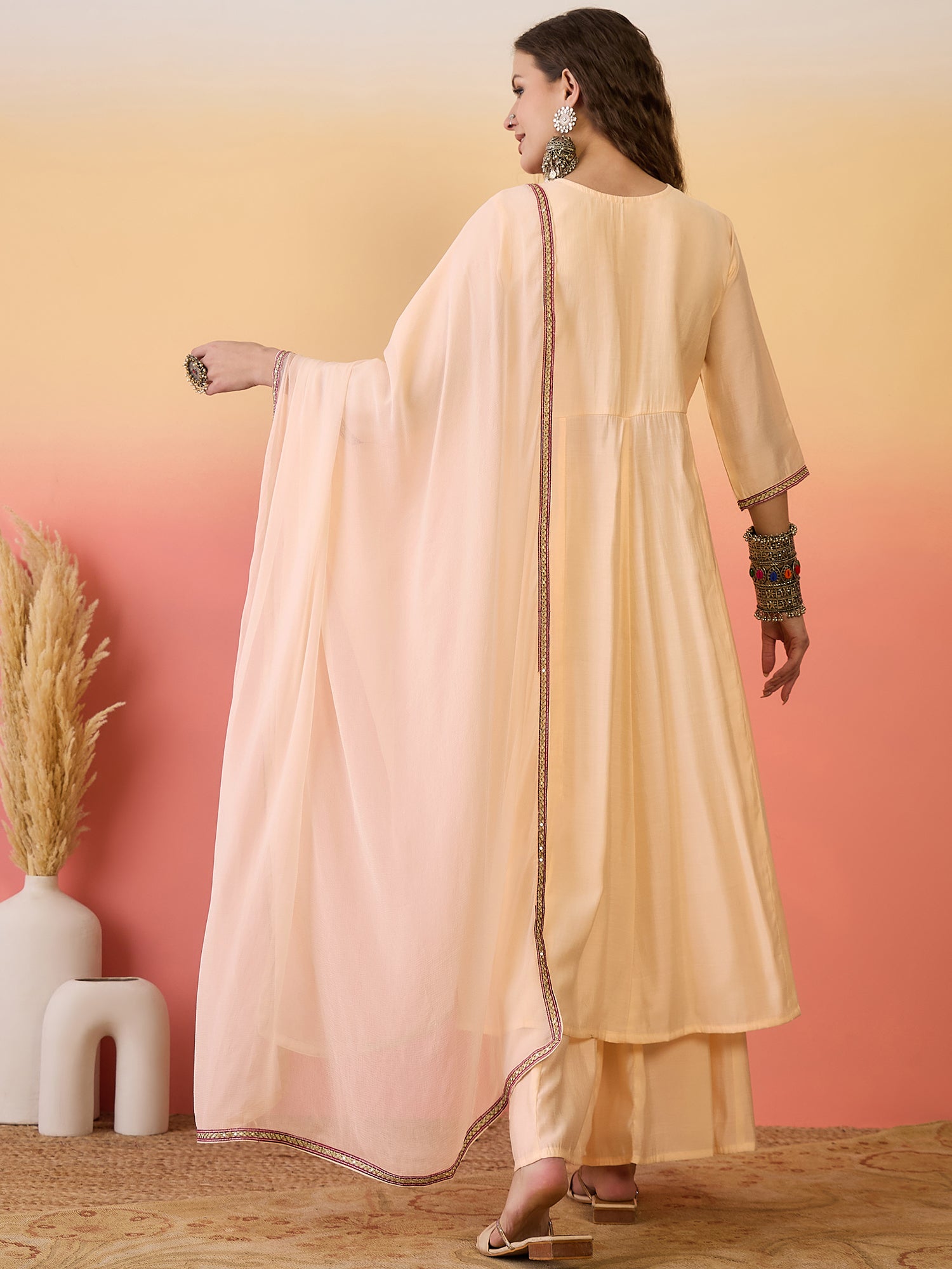 Embroidered Detailed V- Neck Kurta, Palazzo & Dupatta Set