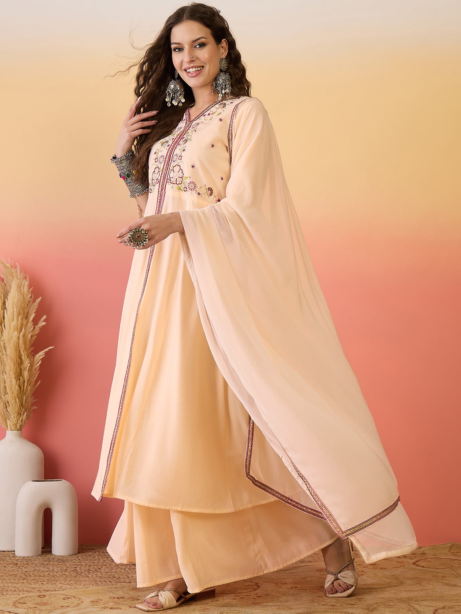 Embroidered Detailed V- Neck Kurta, Palazzo & Dupatta Set