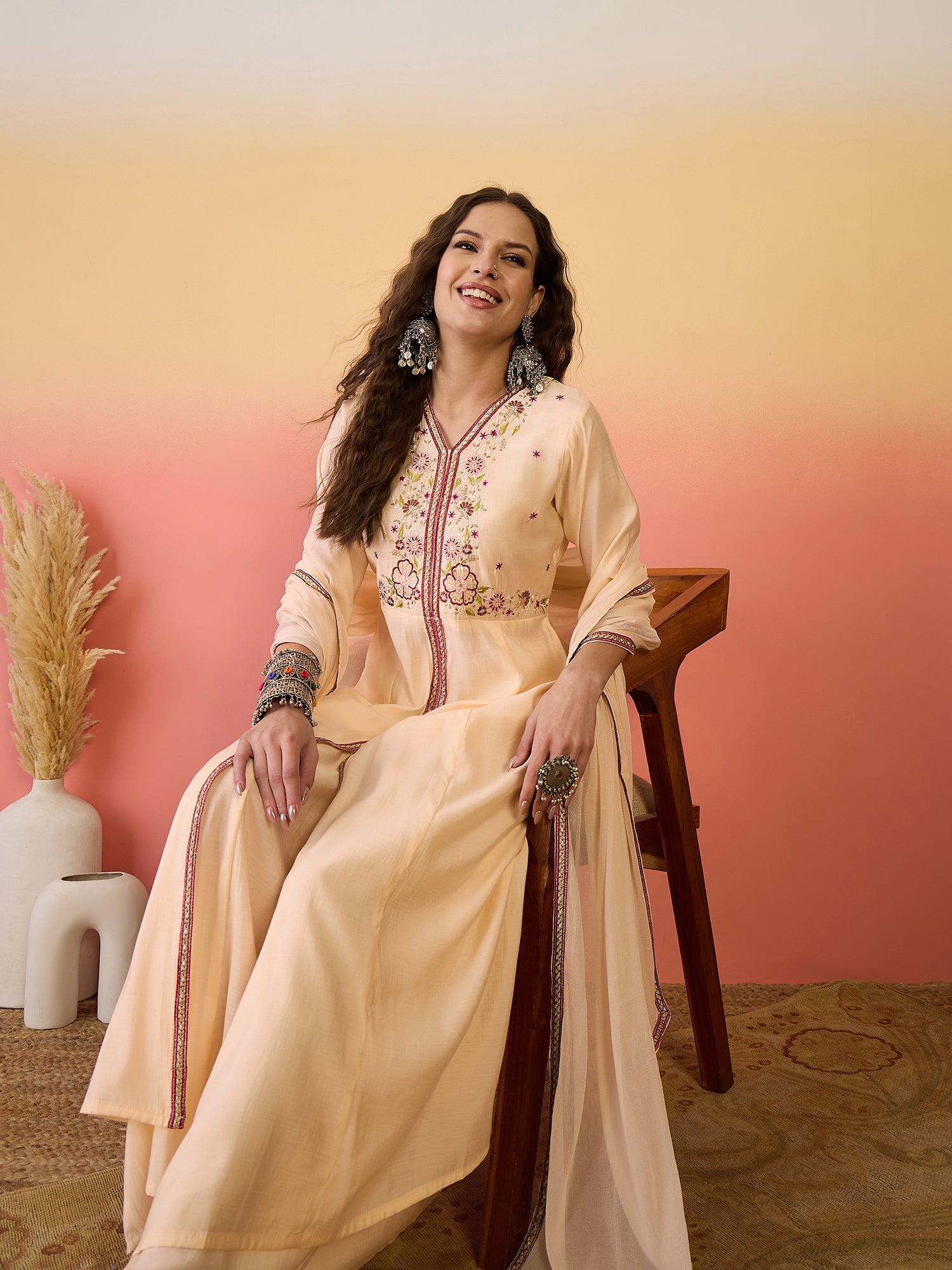 Embroidered Detailed V- Neck Kurta, Palazzo & Dupatta Set