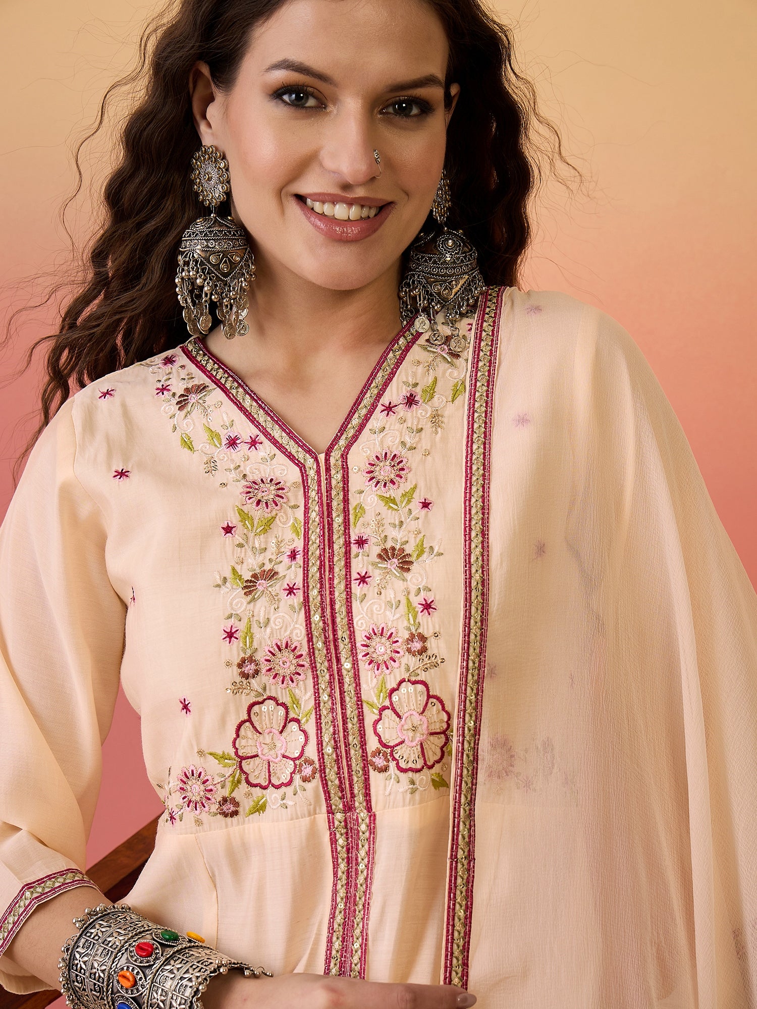 Embroidered Detailed V- Neck Kurta, Palazzo & Dupatta Set