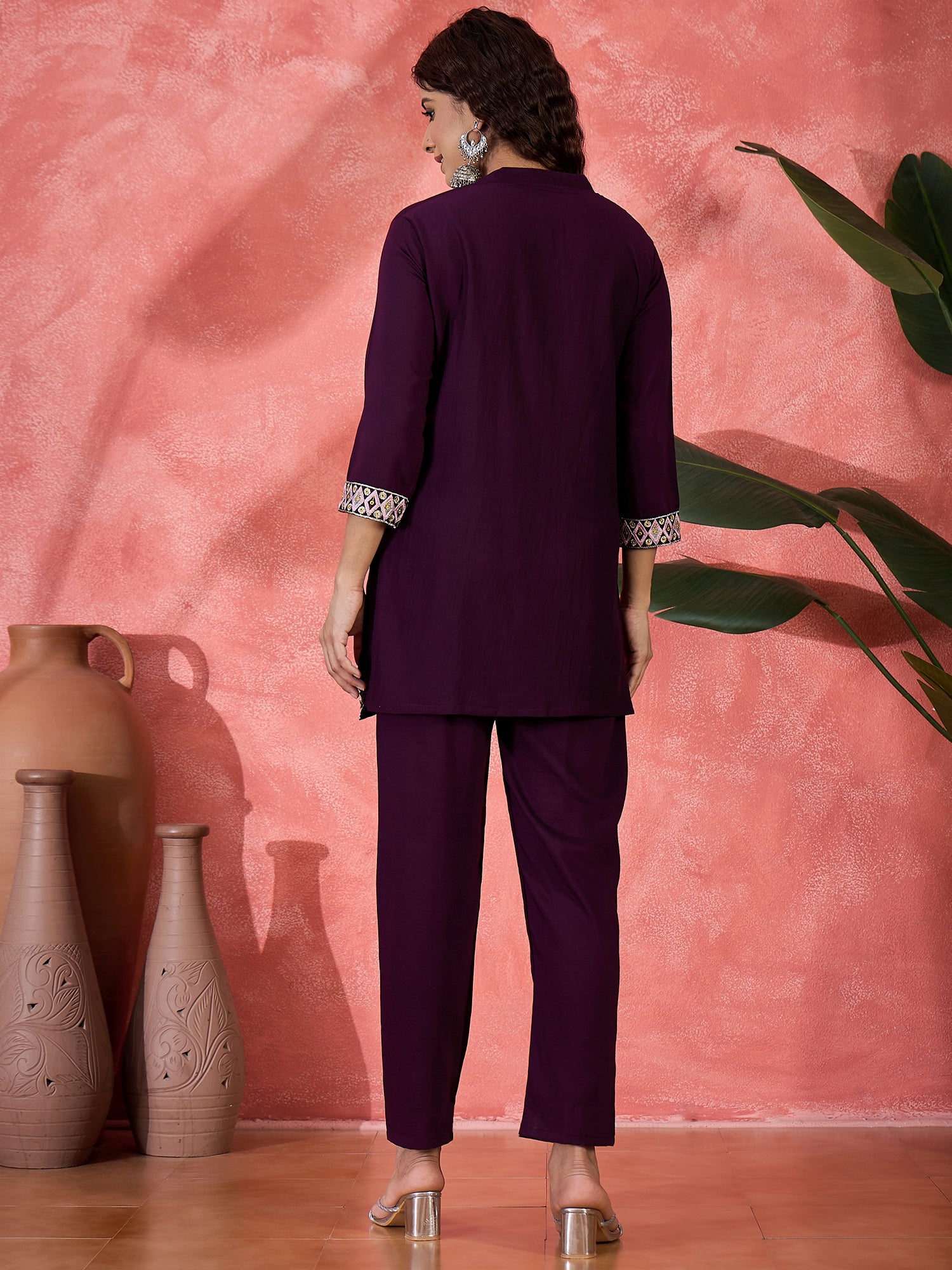 Embroidered Mandarin Collar Neck Tunic & Trousers Co-Ords