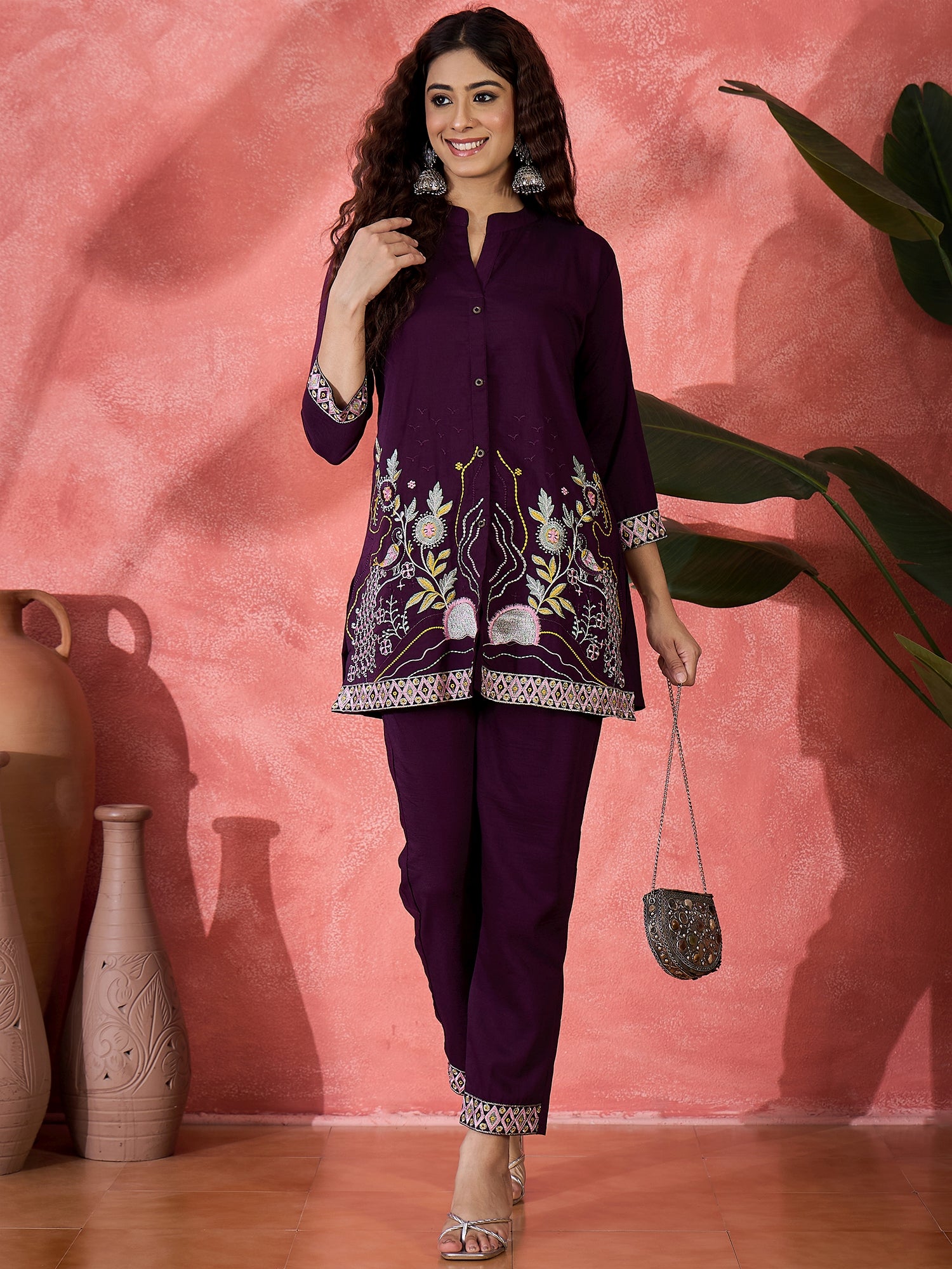 Embroidered Mandarin Collar Neck Tunic & Trousers Co-Ords