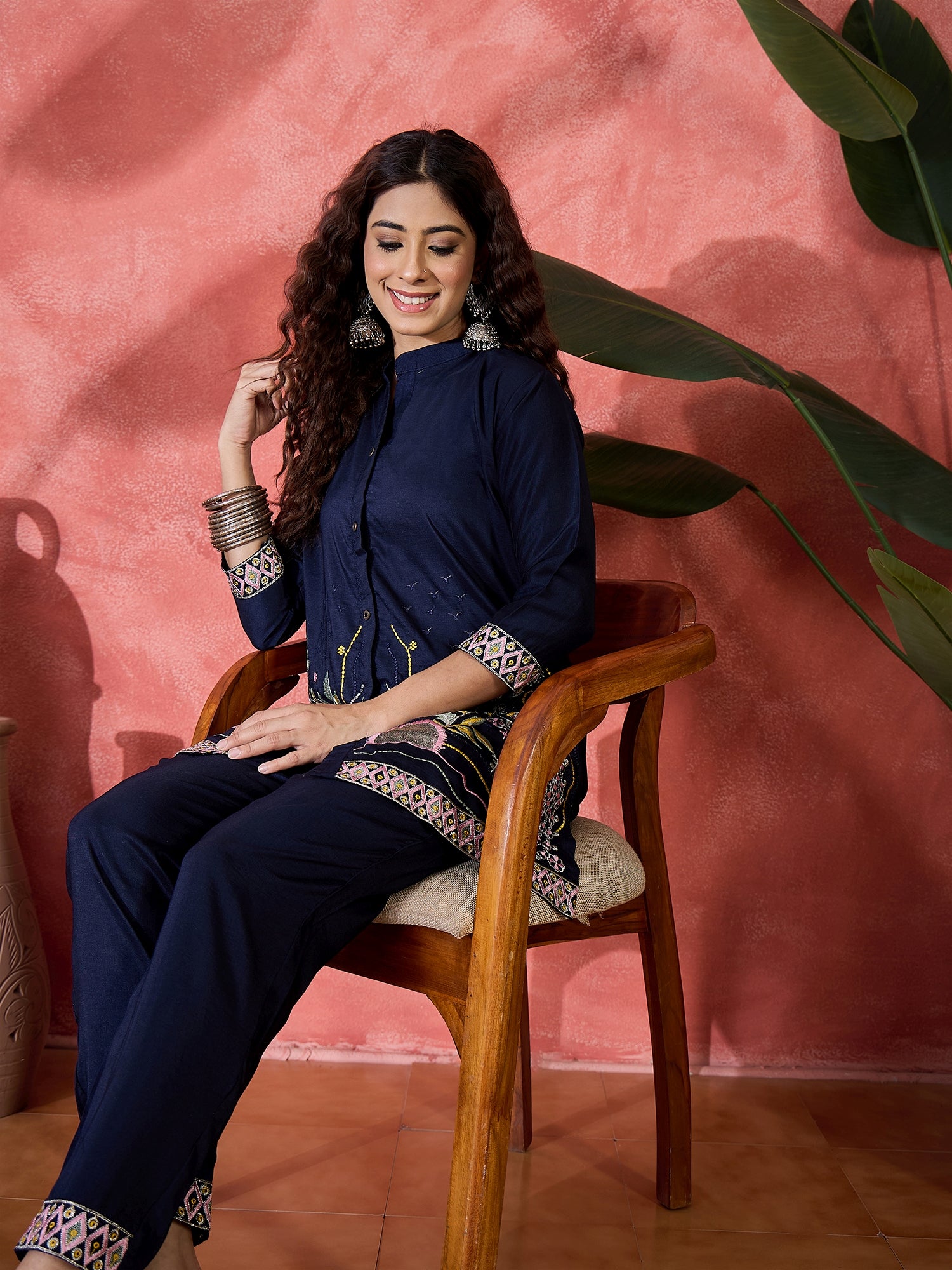 Embroidered Mandarin Collar Neck Tunic & Trousers Co-Ords