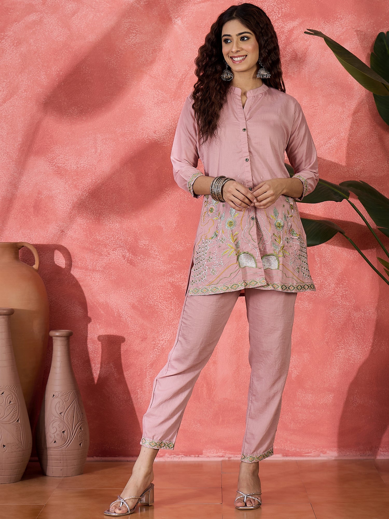 Embroidered Mandarin Collar Tunic & Trouser