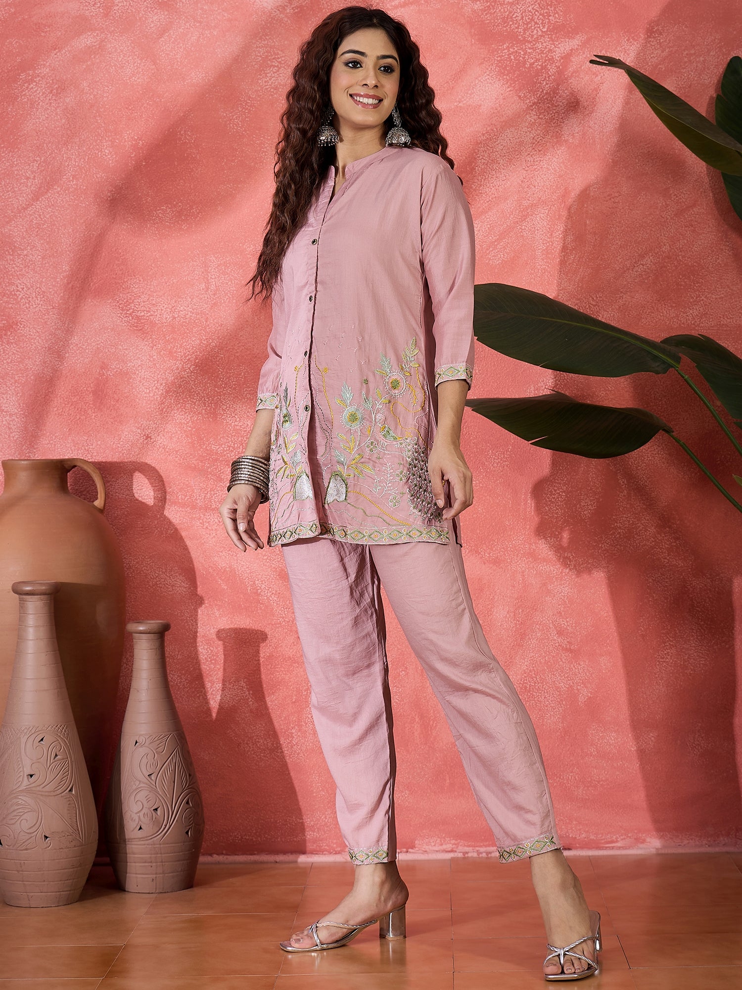 Embroidered Mandarin Collar Tunic & Trouser