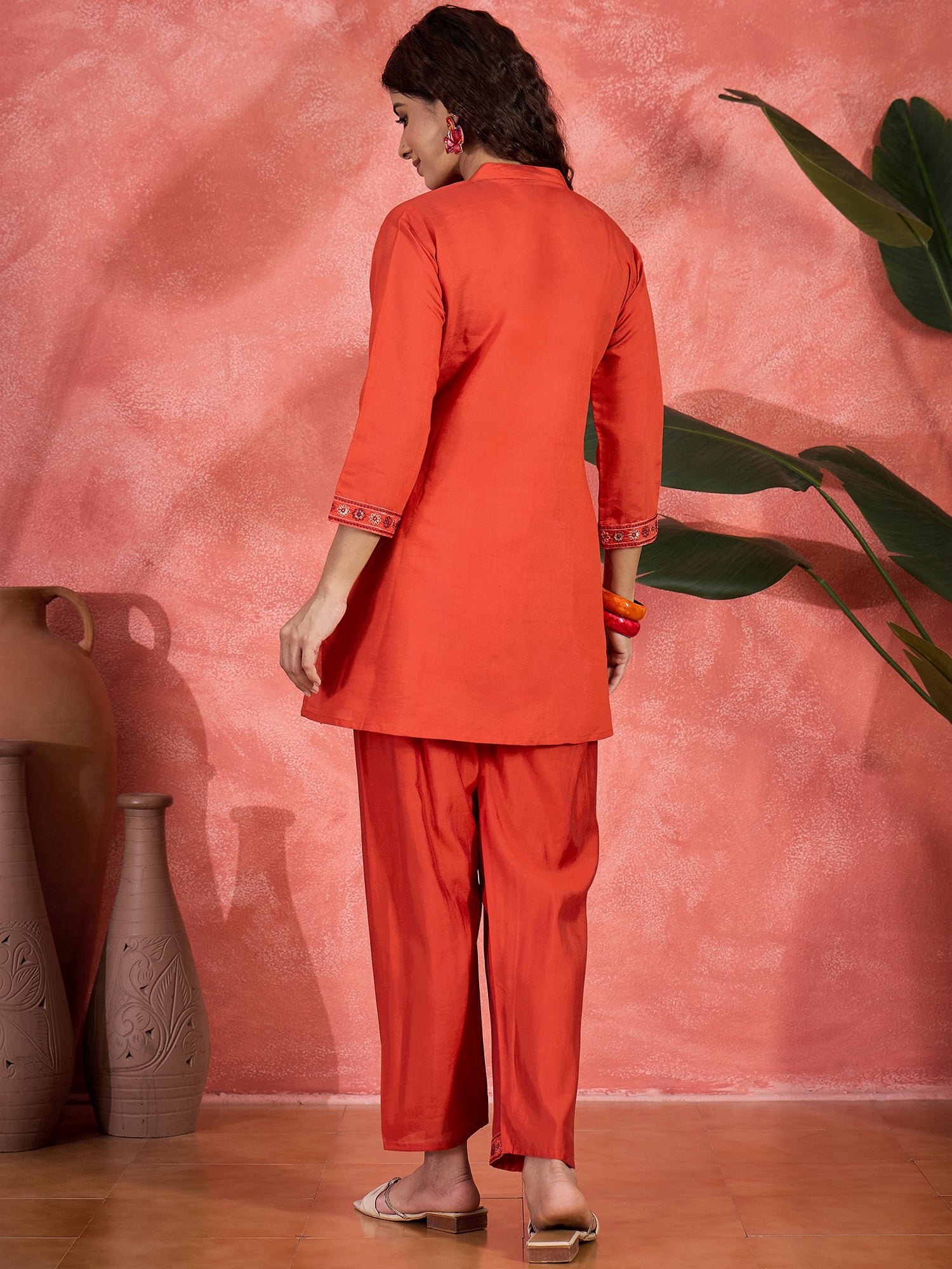 Embroidered Mandarin Collar Neck Tunic & Trousers Co-Ords