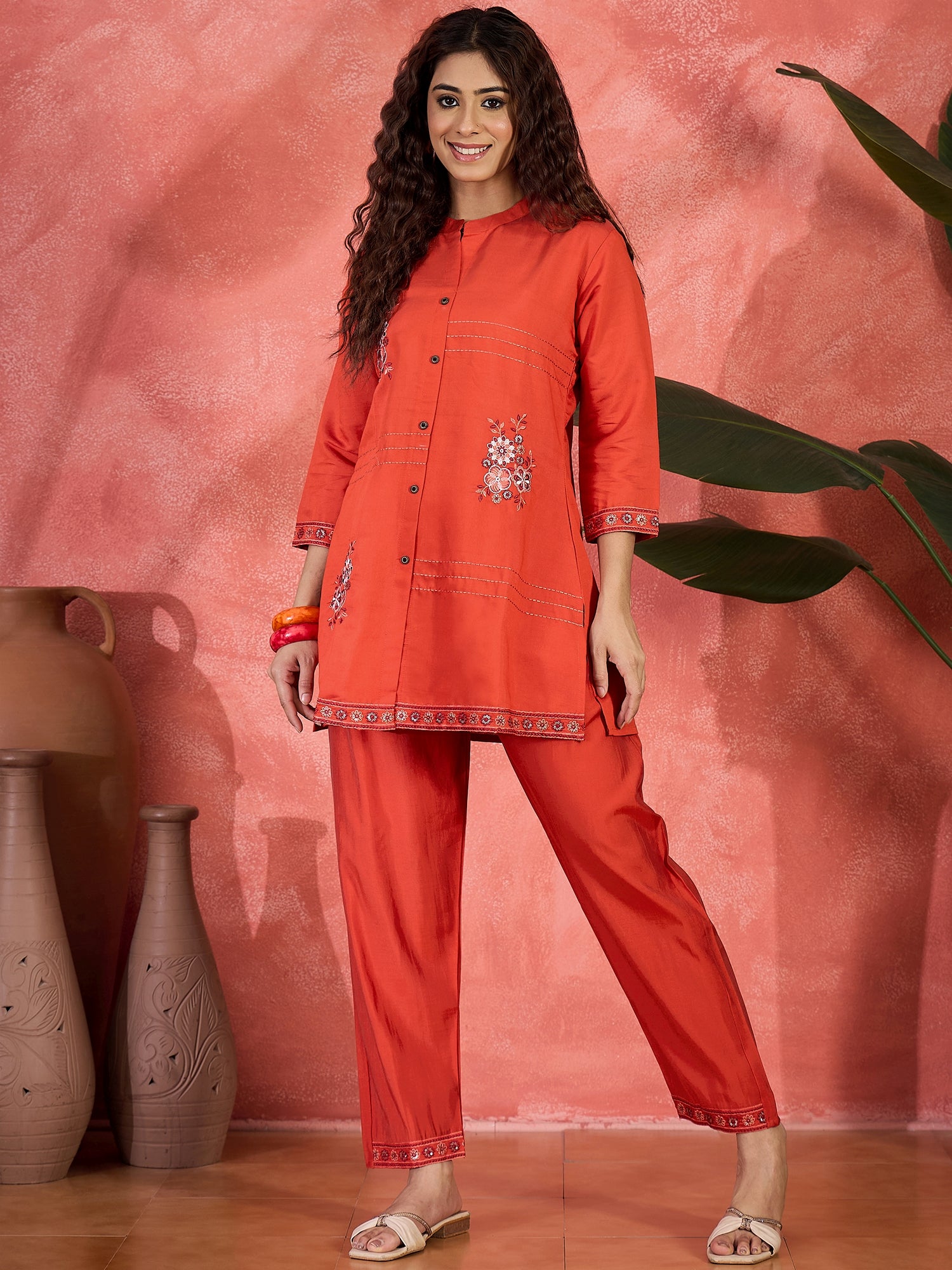 Embroidered Mandarin Collar Neck Tunic & Trousers Co-Ords