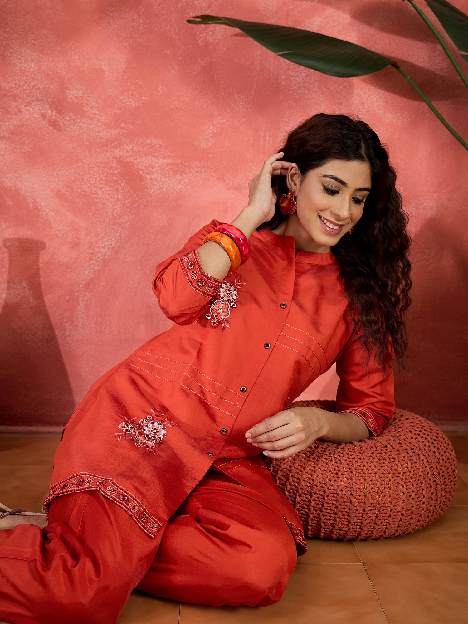 Embroidered Mandarin Collar Neck Tunic & Trousers Co-Ords