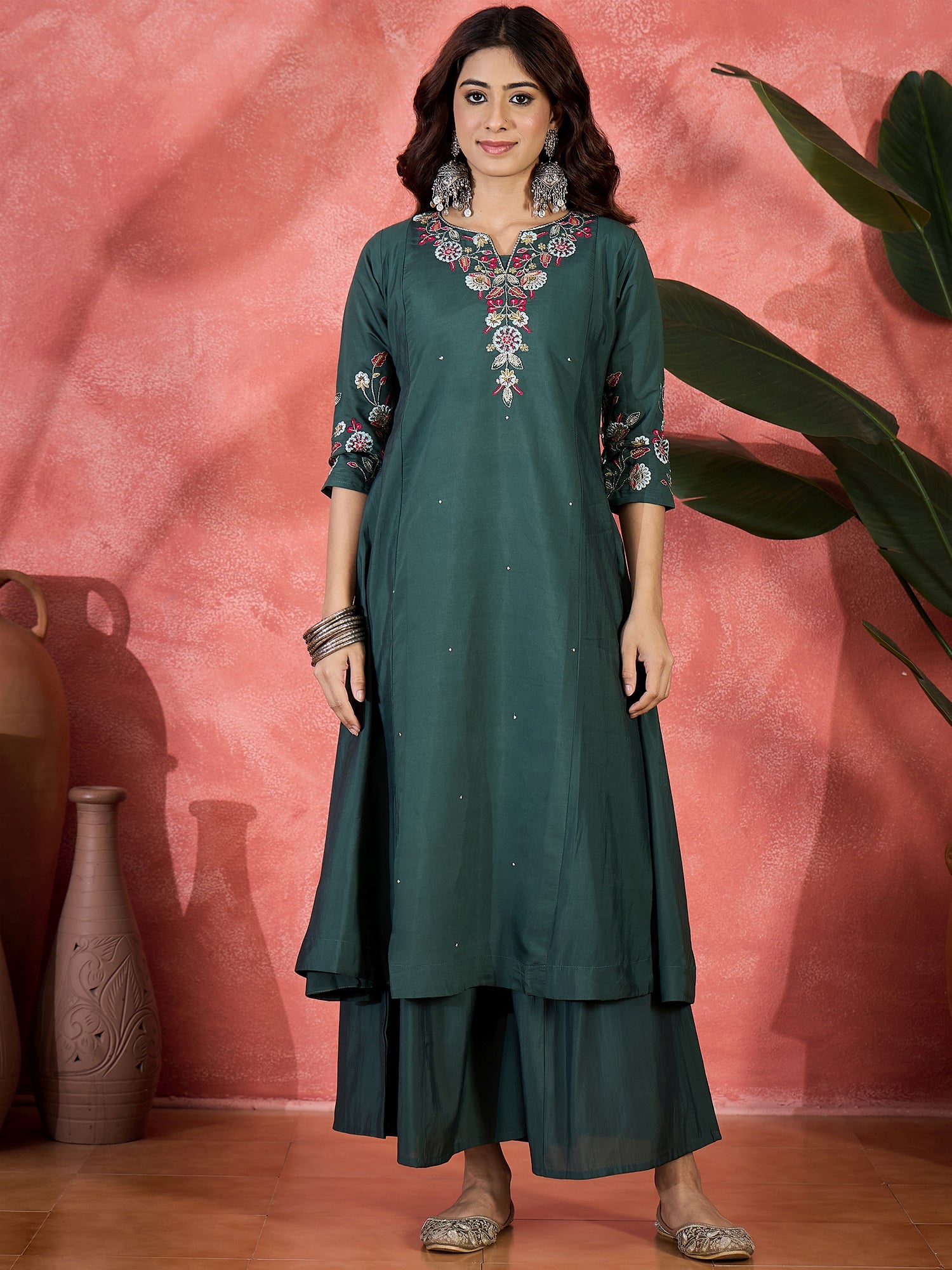Women Embroidered Anarkali Kurta With Palazzo & Dupatta